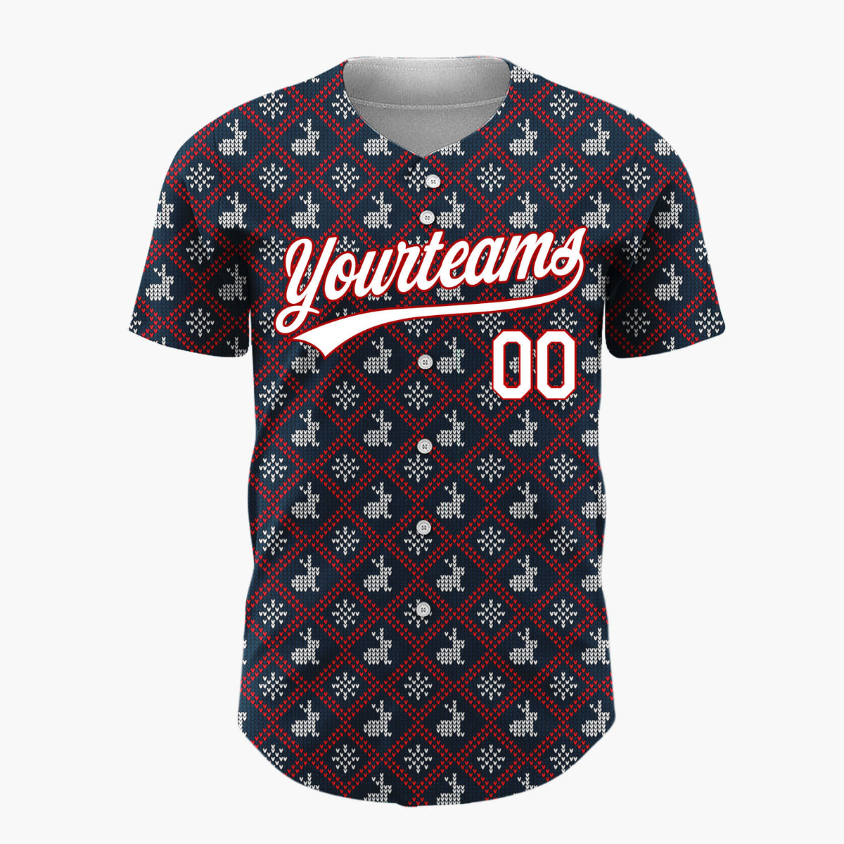 Custom Navy Red And White Reindeer Sweater Knit Pattern Christmas Baseball Jersey