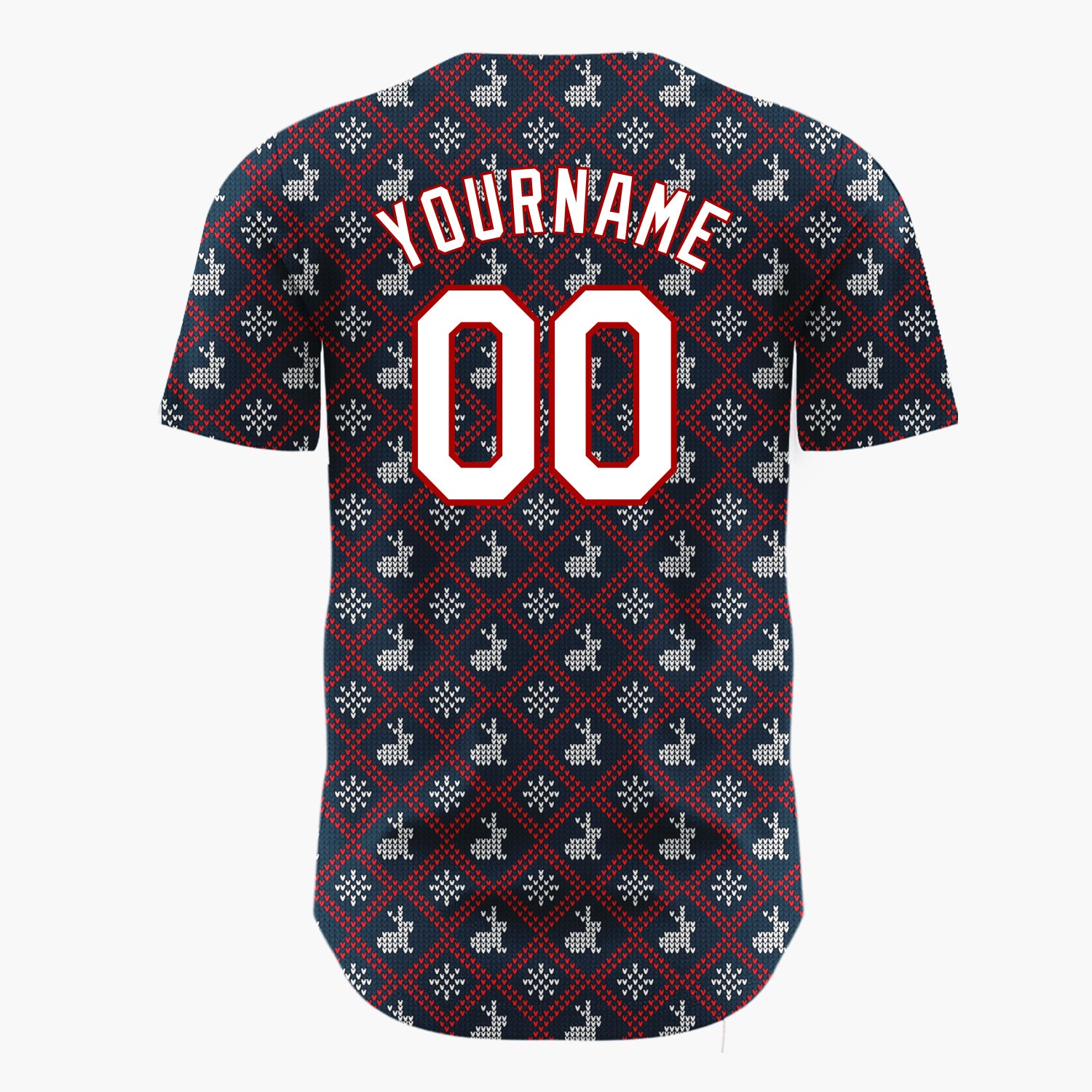 Custom Navy Red And White Reindeer Sweater Knit Pattern Christmas Baseball Jersey