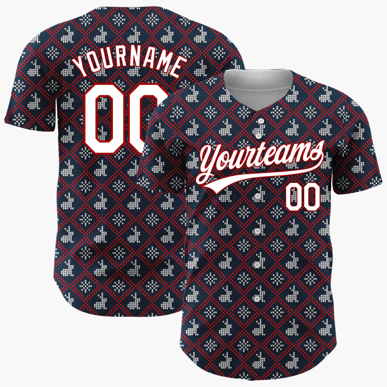 Custom Navy Red And White Reindeer Sweater Knit Pattern Christmas Baseball Jersey