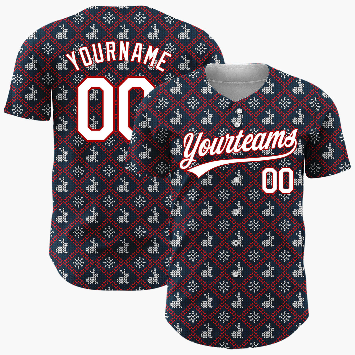 Custom Navy Red And White Reindeer Sweater Knit Pattern Christmas Baseball Jersey