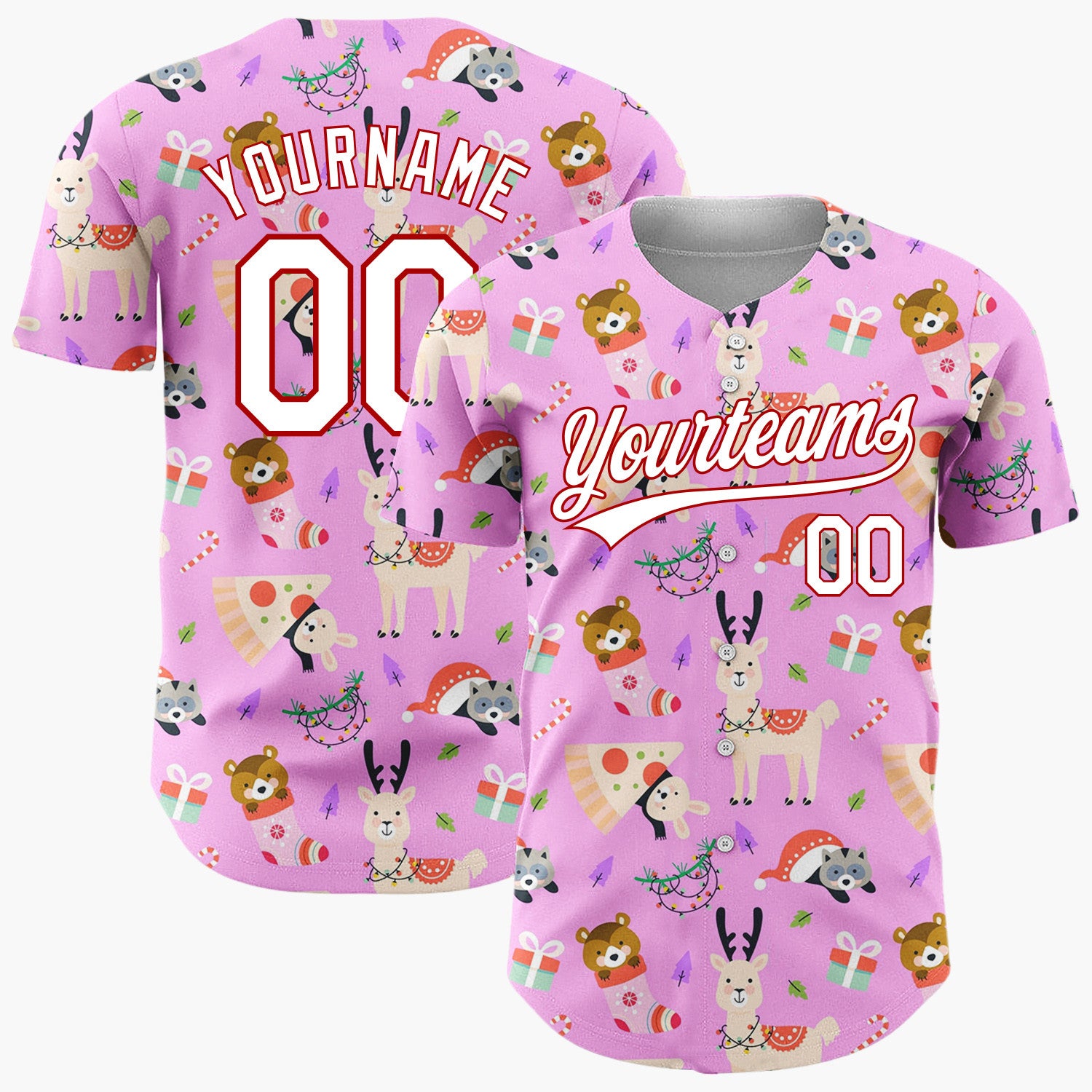 Custom Pink Red Bears Deers And Gifts Playful Holiday Pattern Christmas Baseball Jersey