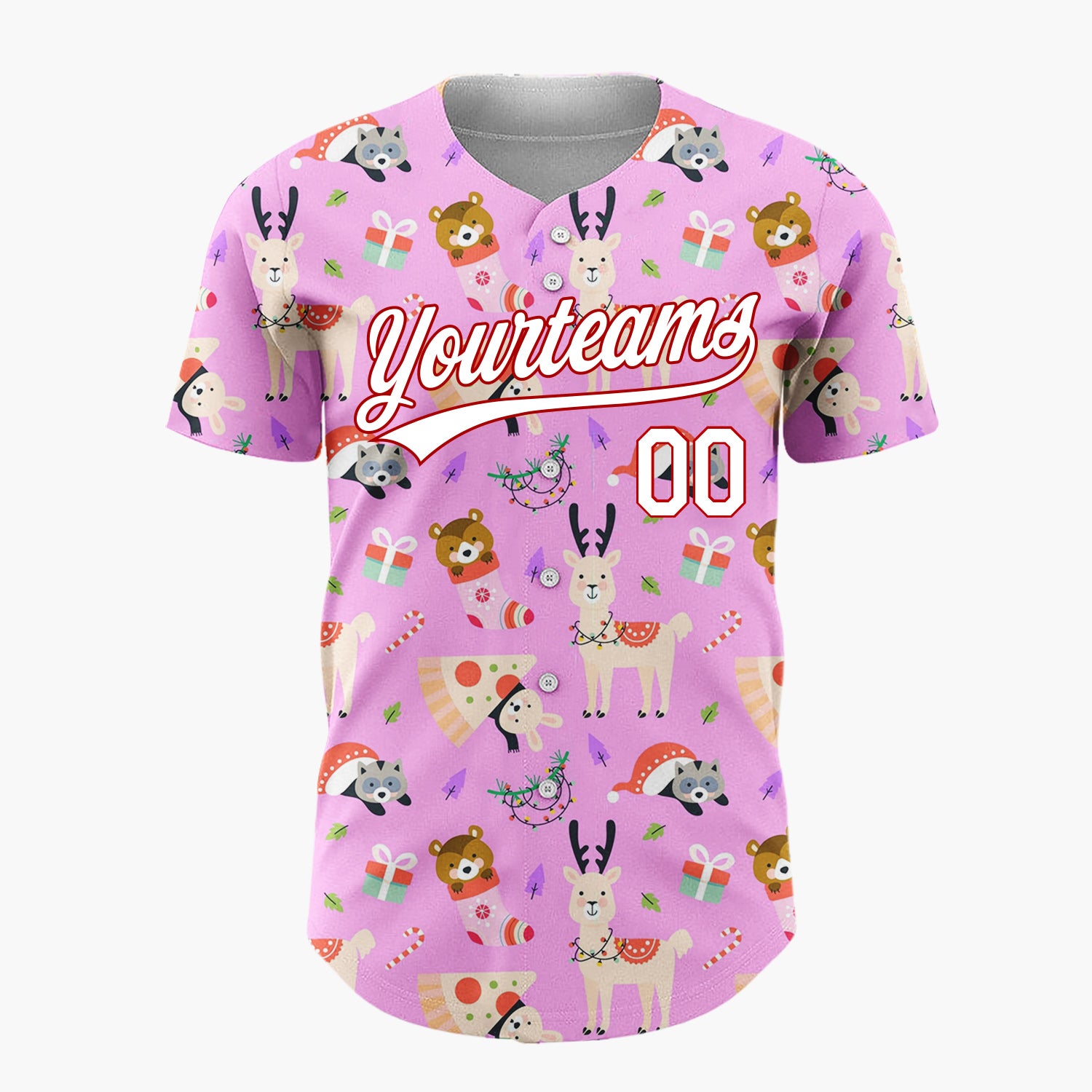 Custom Pink Red Bears Deers And Gifts Playful Holiday Pattern Christmas Baseball Jersey