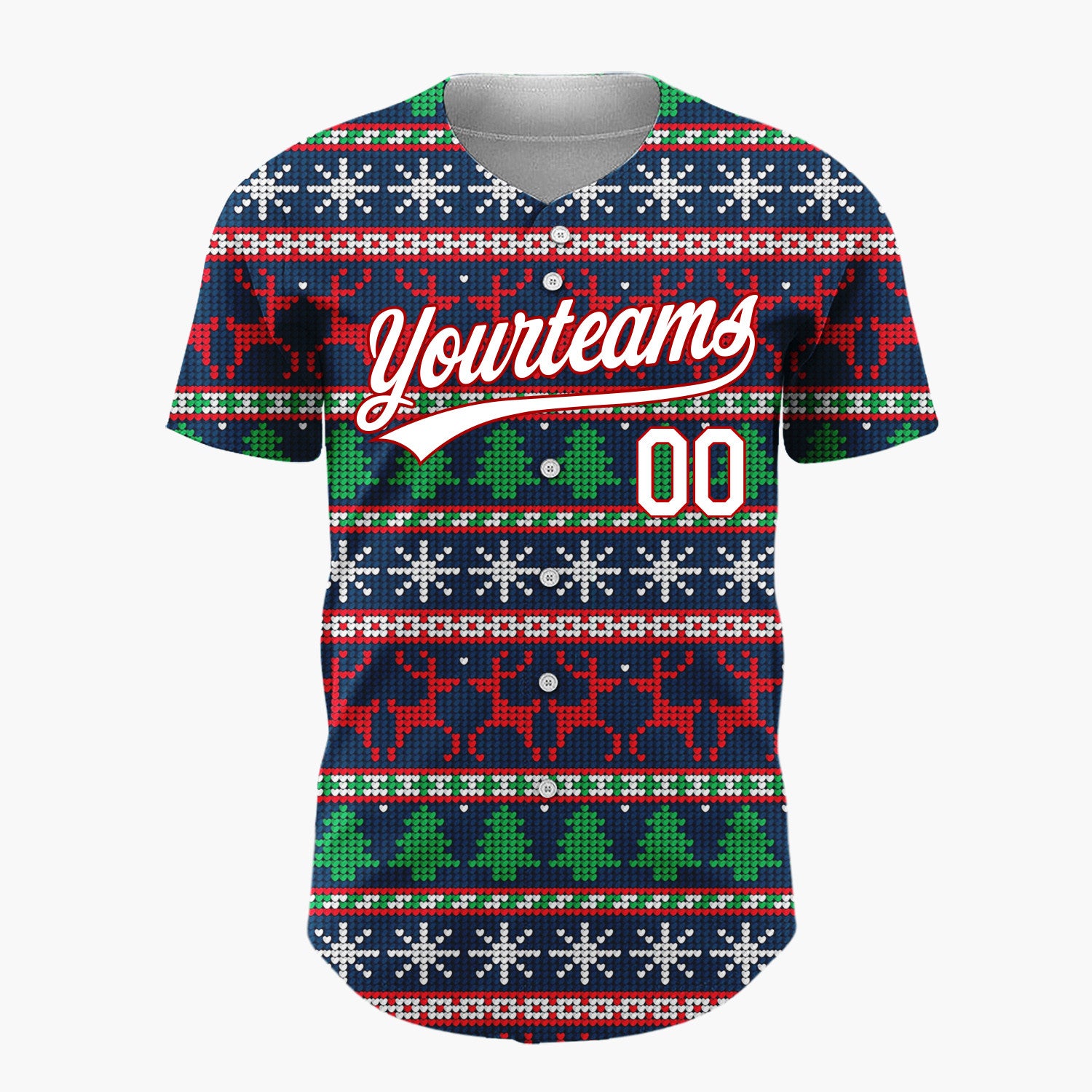 Custom Navy Red Reindeer Snowflakes And Trees Christmas Fair Isle Knit Pattern Christmas Baseball Jersey
