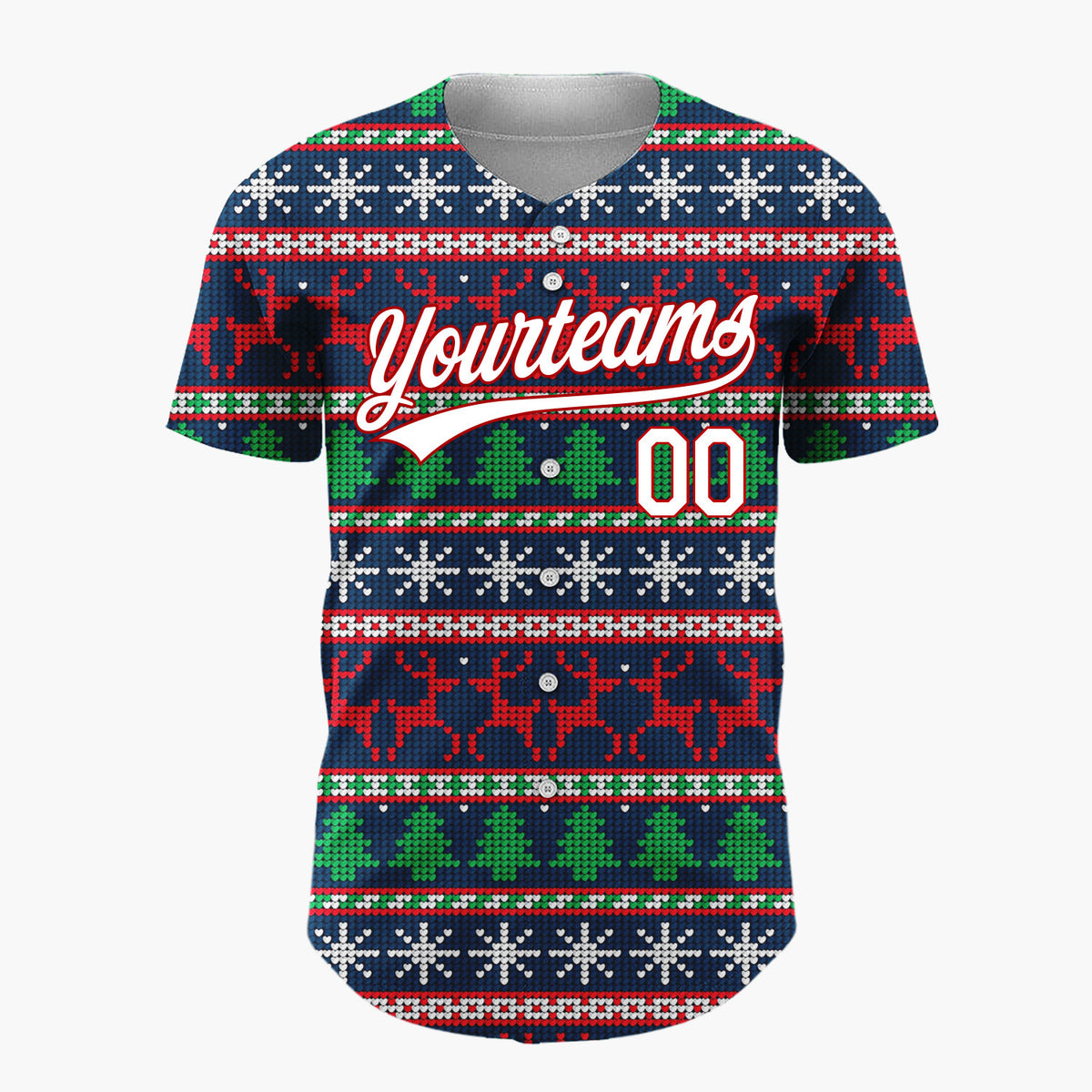 Custom Navy Red Reindeer Snowflakes And Trees Christmas Fair Isle Knit Pattern Christmas Baseball Jersey