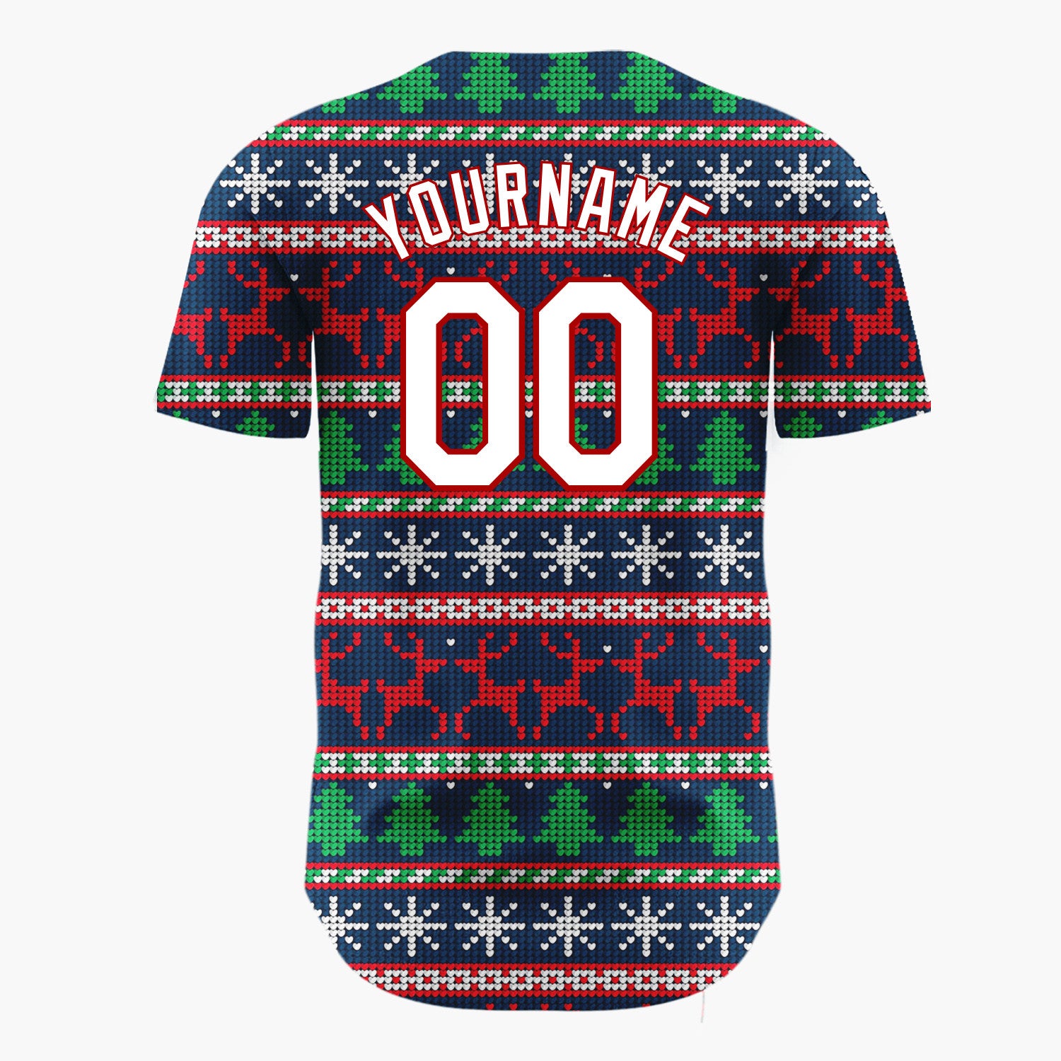 Custom Navy Red Reindeer Snowflakes And Trees Christmas Fair Isle Knit Pattern Christmas Baseball Jersey