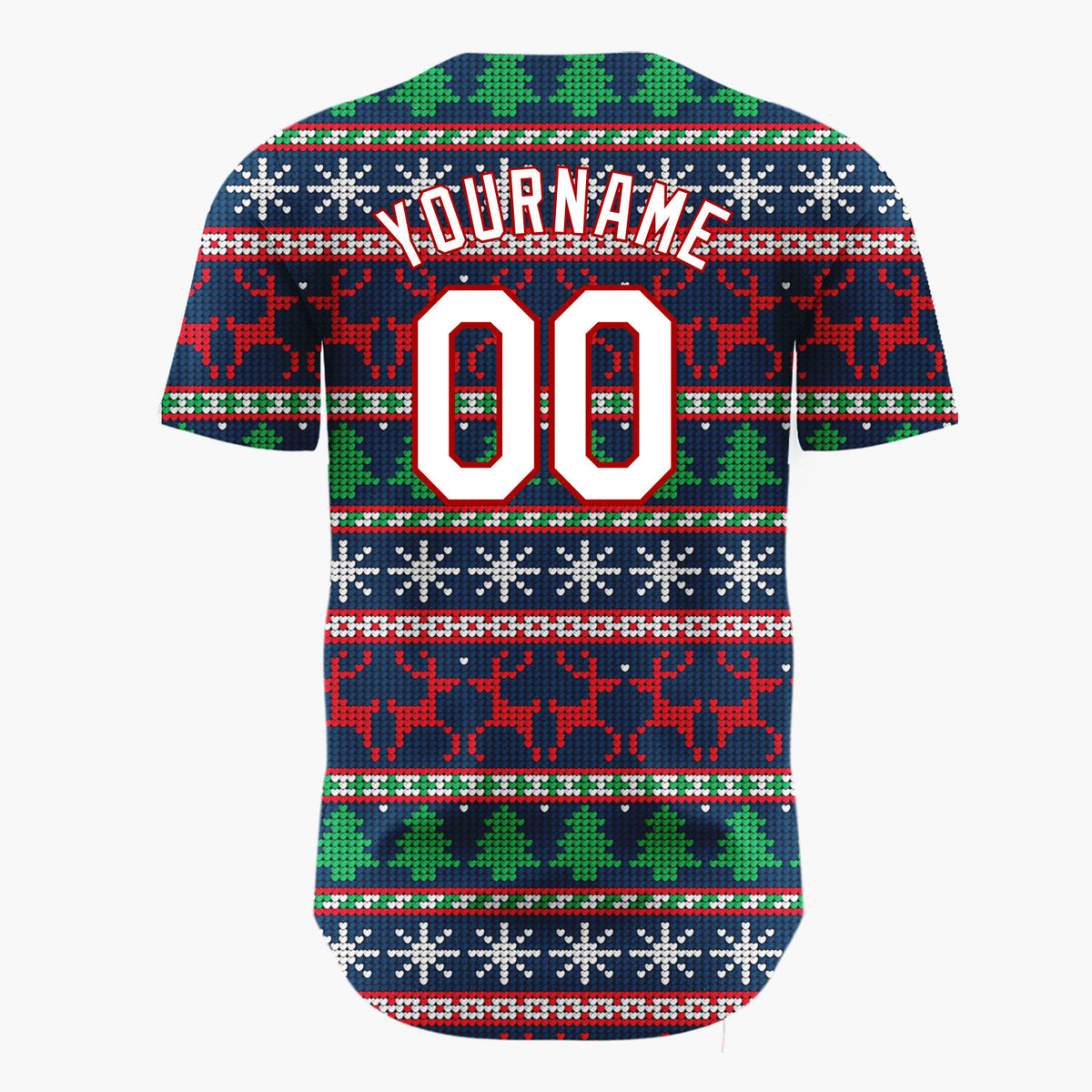 Custom Navy Red Reindeer Snowflakes And Trees Christmas Fair Isle Knit Pattern Christmas Baseball Jersey