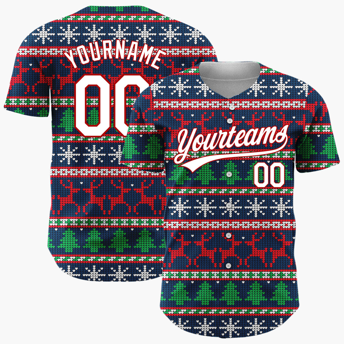 Custom Navy Red Reindeer Snowflakes And Trees Christmas Fair Isle Knit Pattern Christmas Baseball Jersey