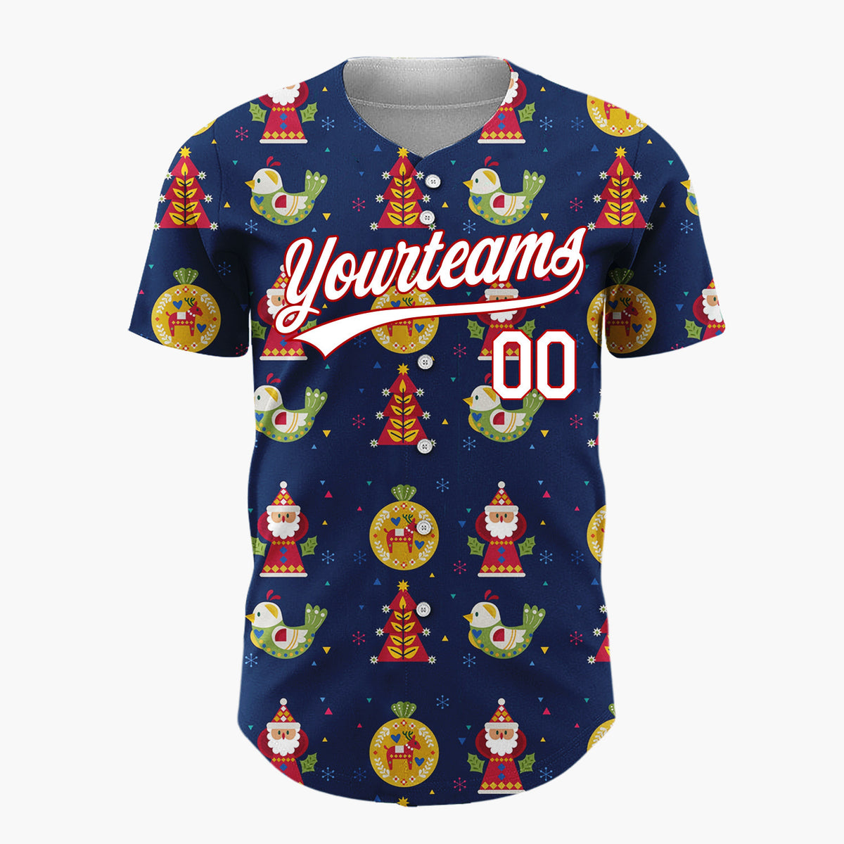 Custom Navy Multicolor Folk Art Santa Bird Abstract Pattern Christmas Baseball Jersey