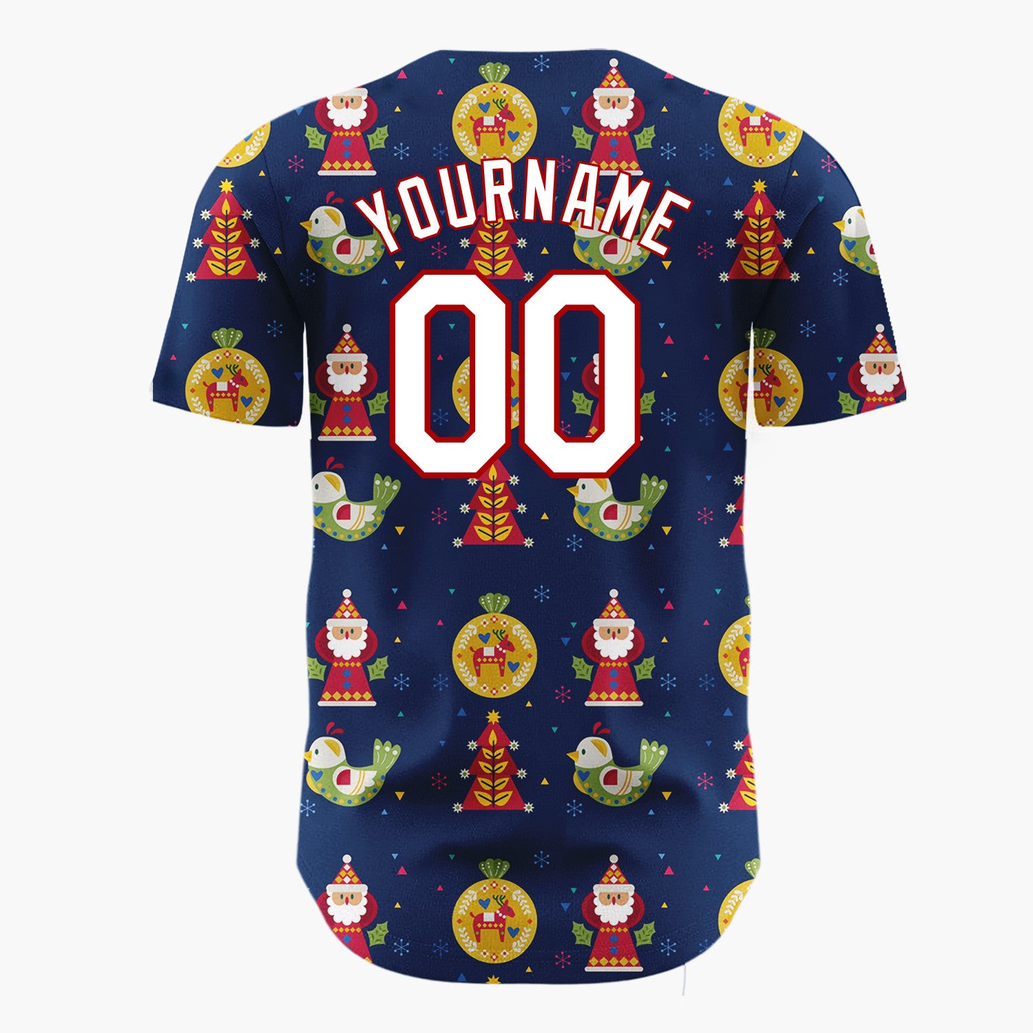 Custom Navy Multicolor Folk Art Santa Bird Abstract Pattern Christmas Baseball Jersey