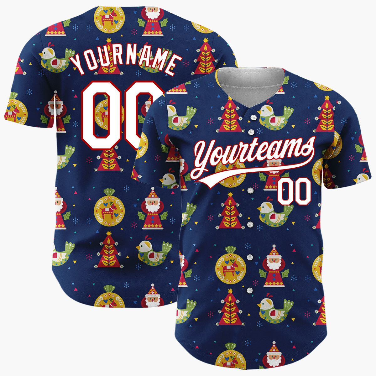 Custom Navy Multicolor Folk Art Santa Bird Abstract Pattern Christmas Baseball Jersey