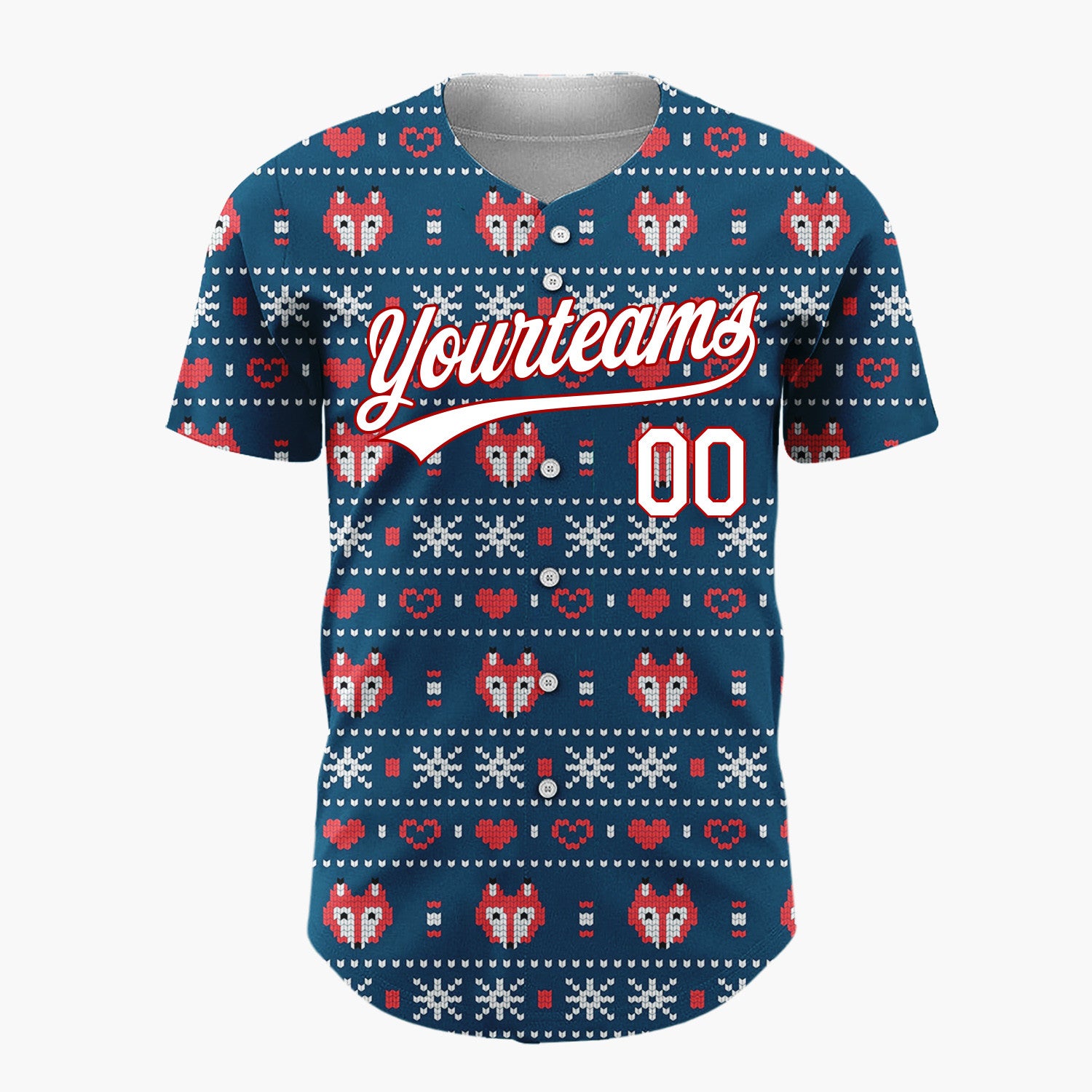 Custom Navy Red White Foxes Hearts And Snowflakes Nordic Knit Pattern Christmas Baseball Jersey