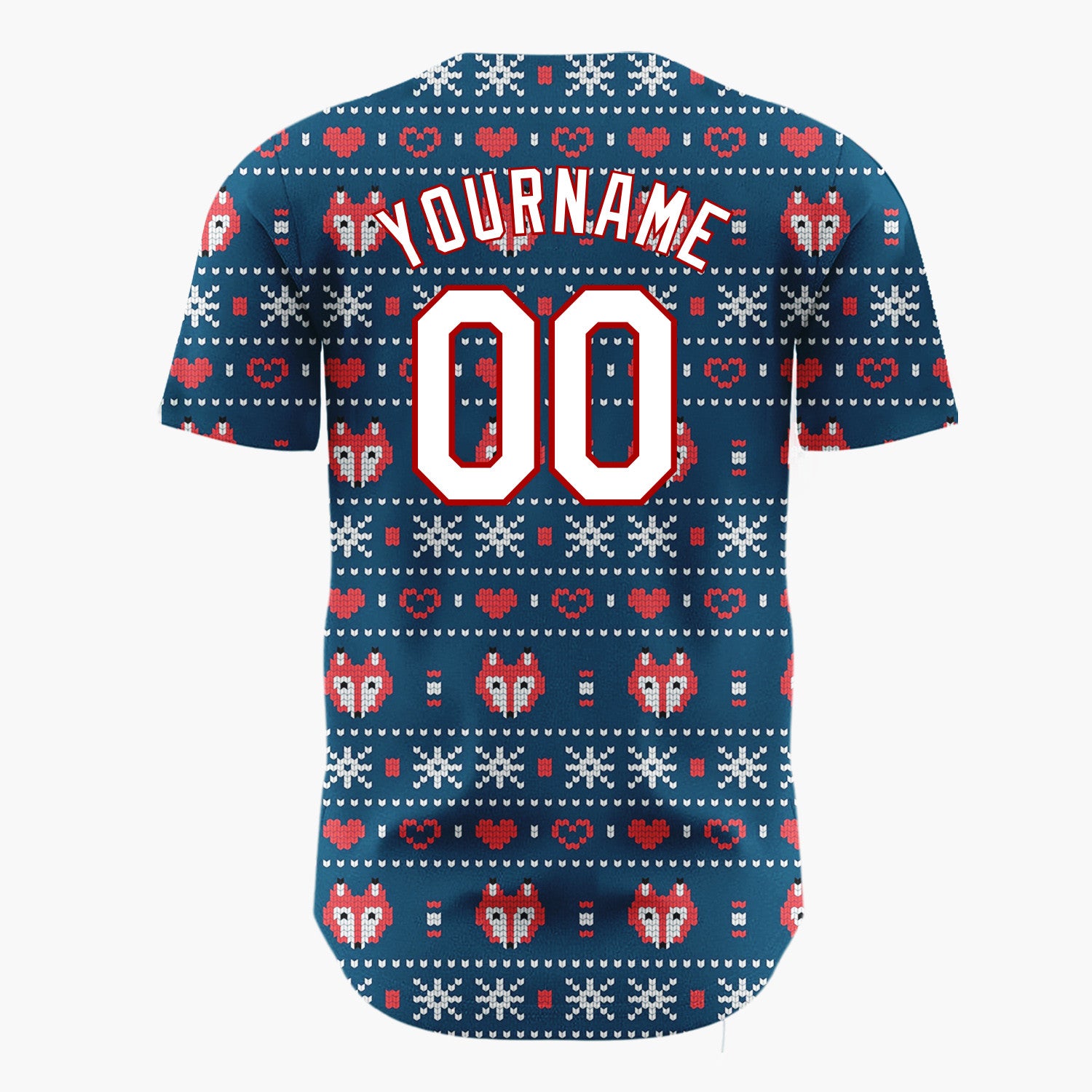Custom Navy Red White Foxes Hearts And Snowflakes Nordic Knit Pattern Christmas Baseball Jersey
