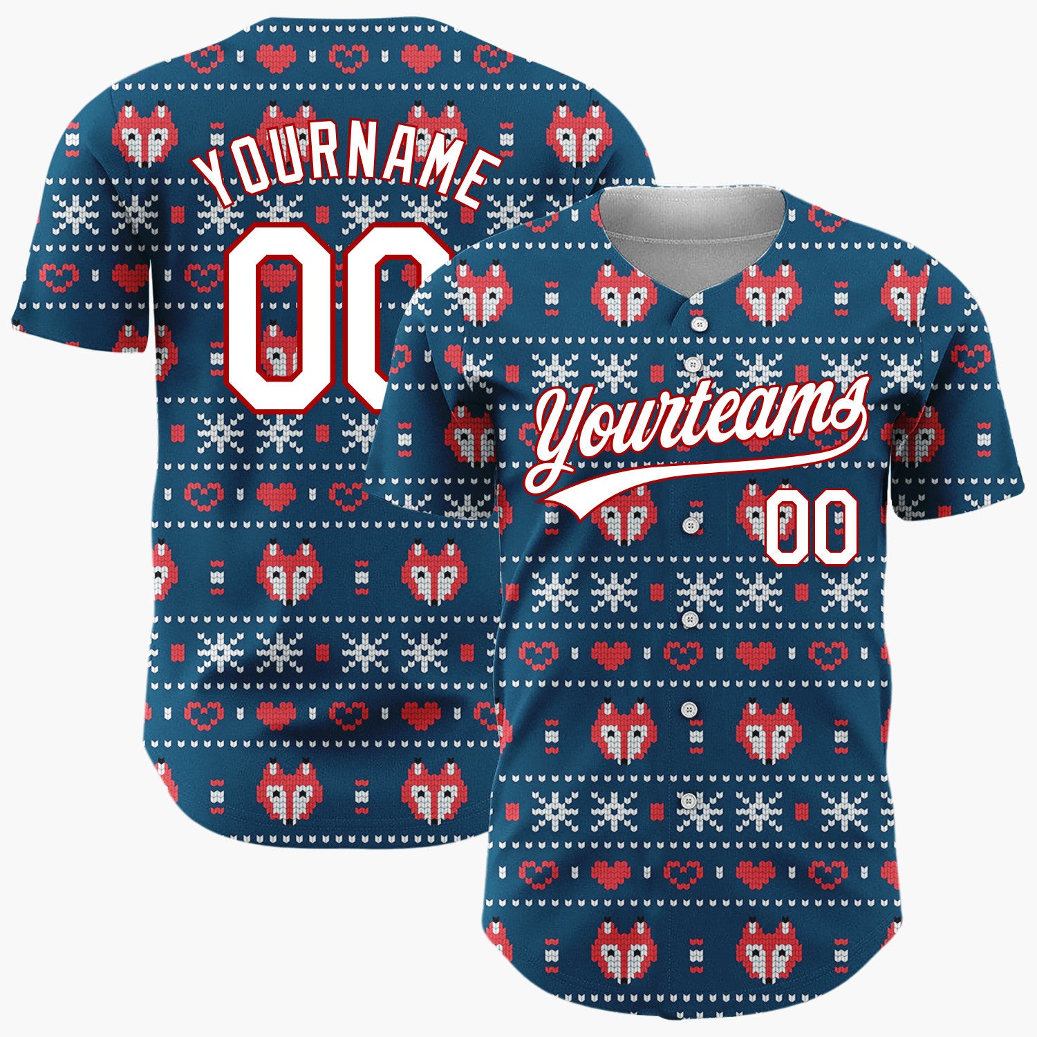 Custom Navy Red White Foxes Hearts And Snowflakes Nordic Knit Pattern Christmas Baseball Jersey