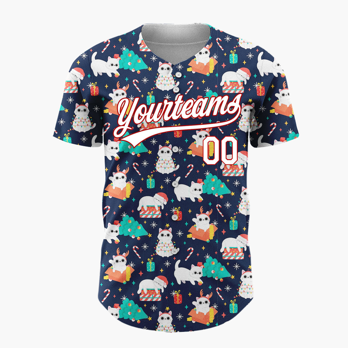 Custom Navy Red Cats Gifts And Trees Playful Christmas Baseball Jersey
