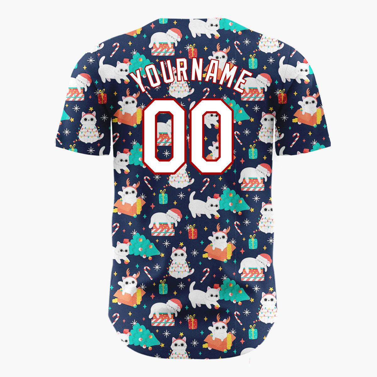 Custom Navy Red Cats Gifts And Trees Playful Christmas Baseball Jersey