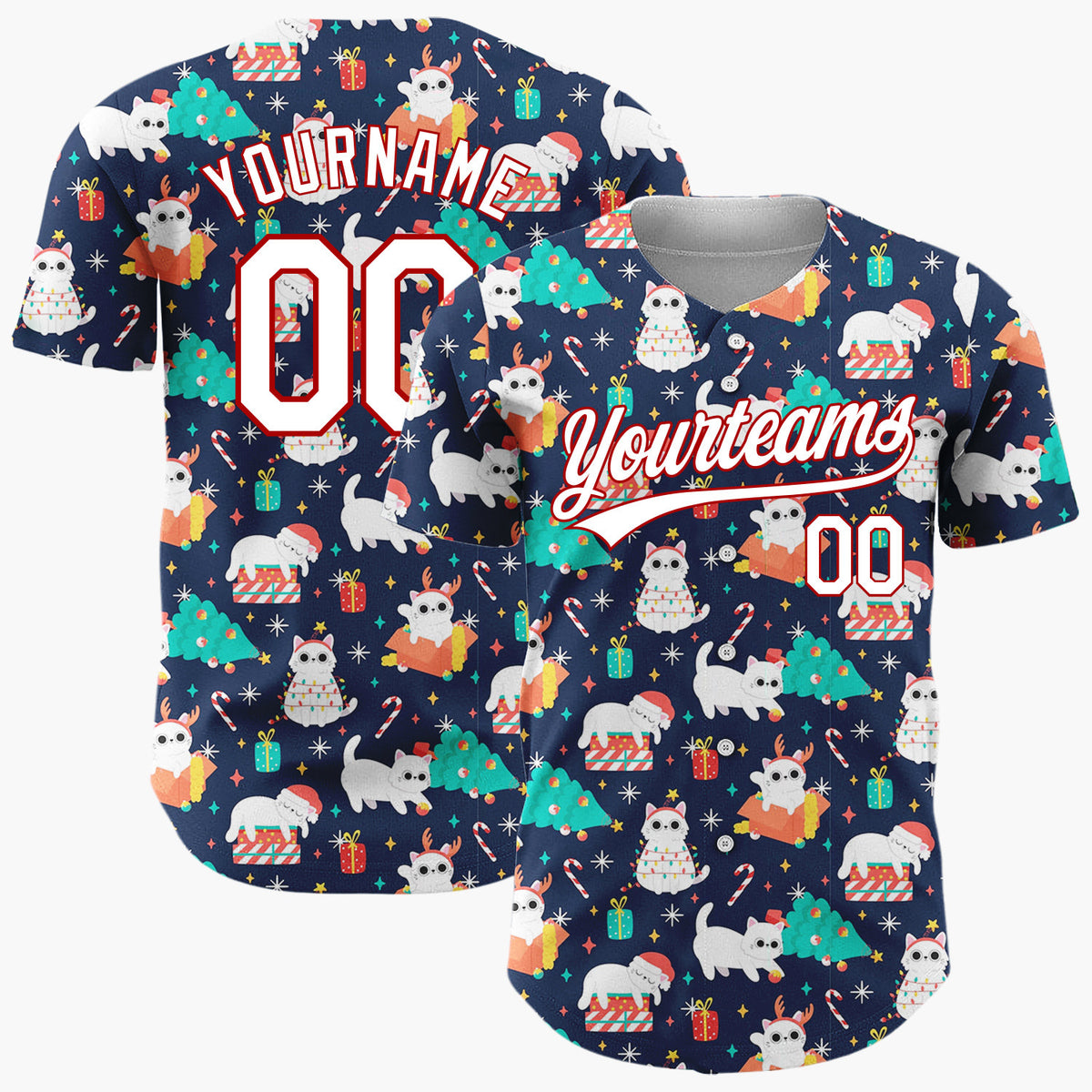 Custom Navy Red Cats Gifts And Trees Playful Christmas Baseball Jersey