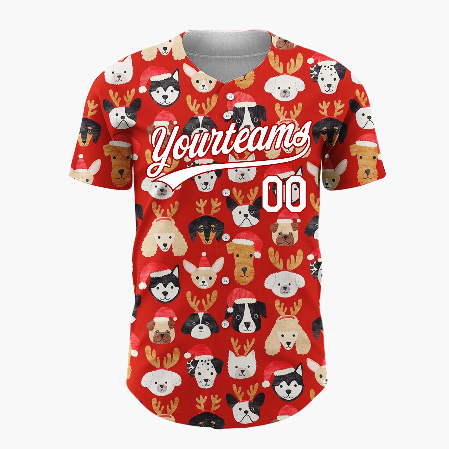 Custom Red Adorable Puppies With Santa Hats Cartoon Pattern Christmas Baseball Jersey
