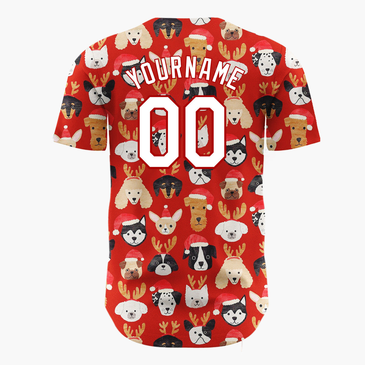 Custom Red Adorable Puppies With Santa Hats Cartoon Pattern Christmas Baseball Jersey