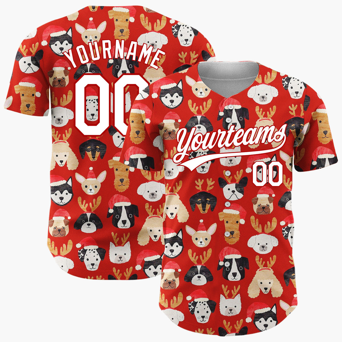 Custom Red Adorable Puppies With Santa Hats Cartoon Pattern Christmas Baseball Jersey