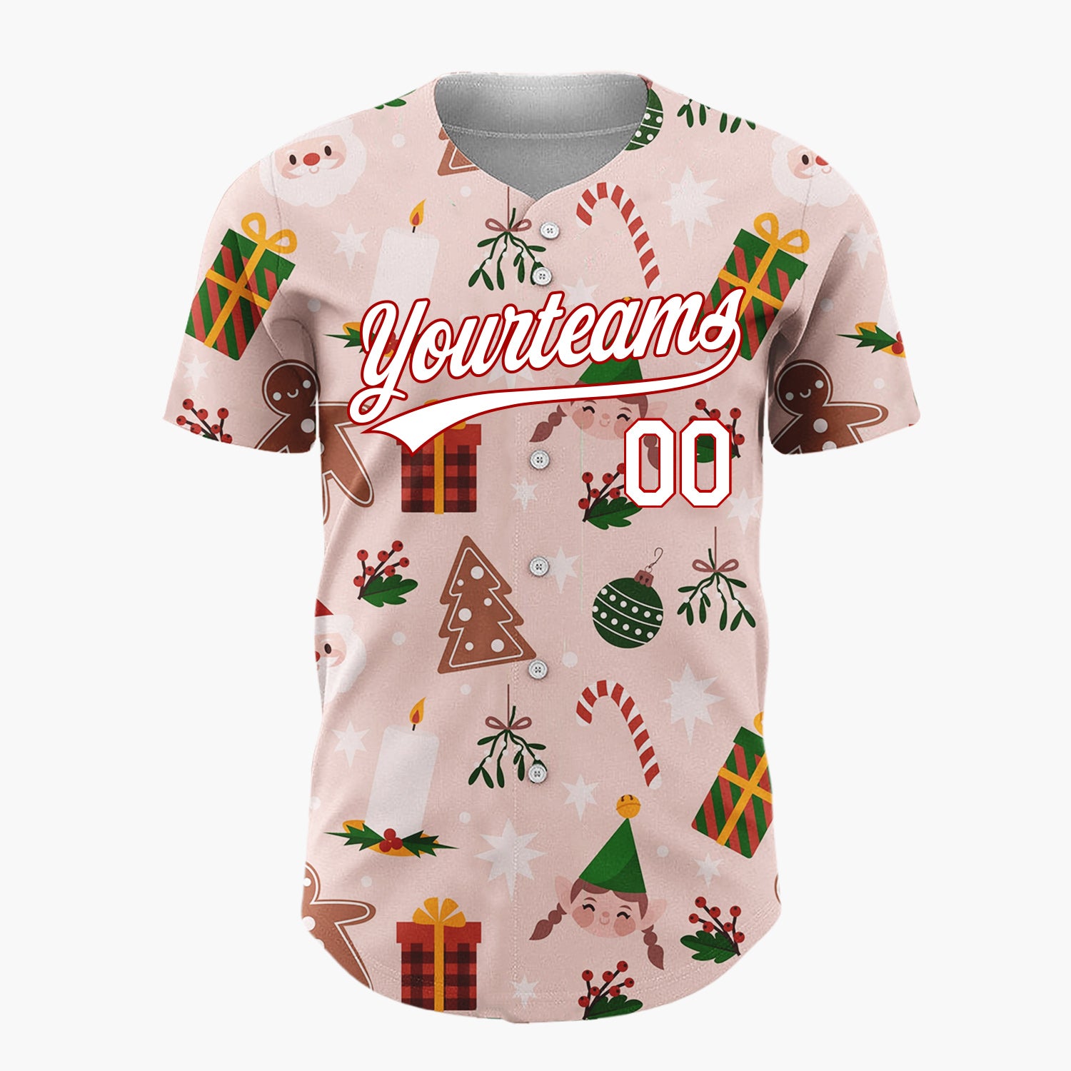 Custom Pink Green Brown Santa Elves And Gingerbread Festive Christmas Baseball Jersey
