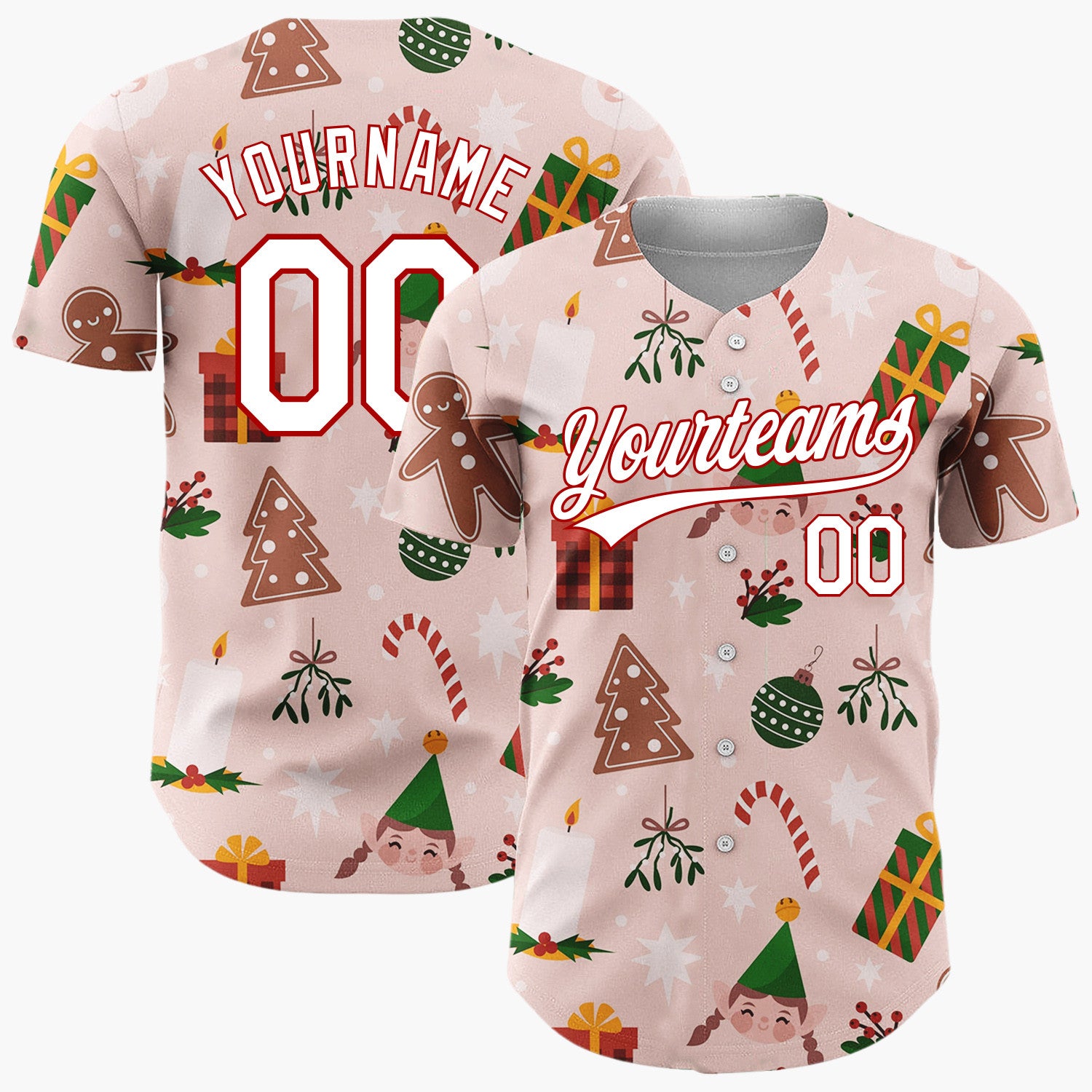 Custom Pink Green Brown Santa Elves And Gingerbread Festive Christmas Baseball Jersey