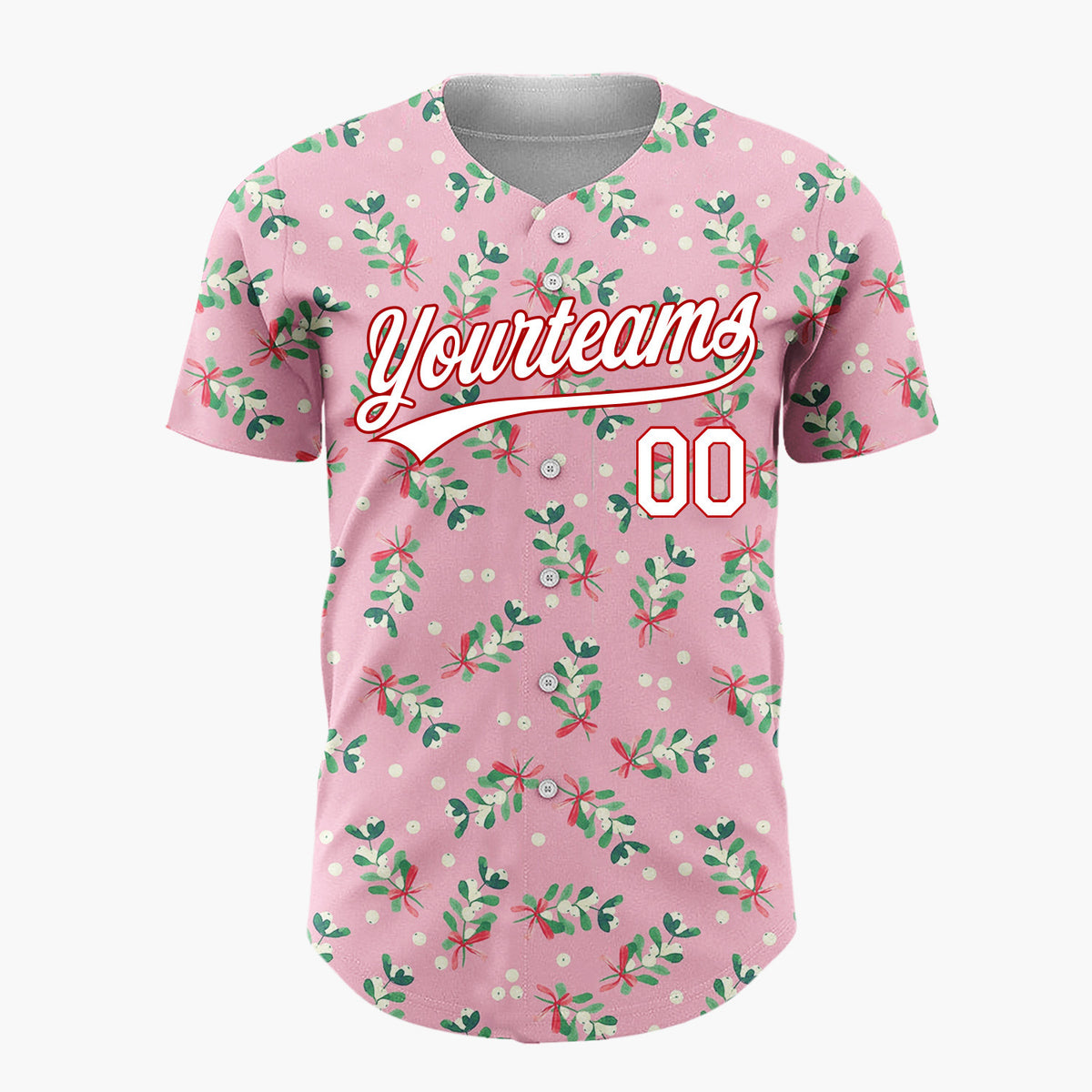 Custom Pink Mistletoe Sprigs Red Bows Whimsical Christmas Baseball Jersey