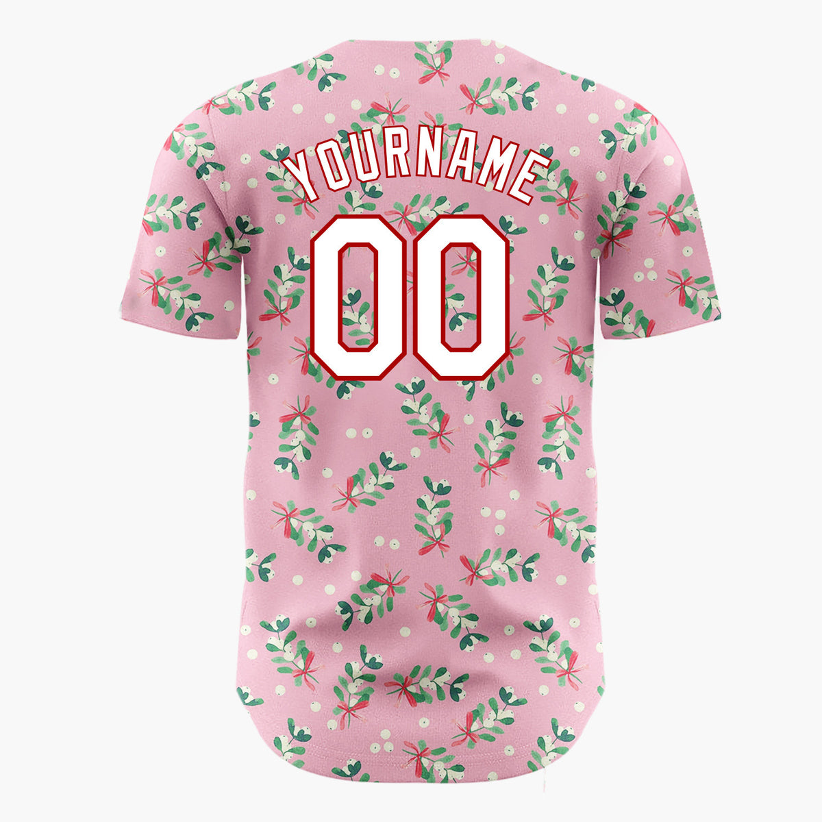 Custom Pink Mistletoe Sprigs Red Bows Whimsical Christmas Baseball Jersey