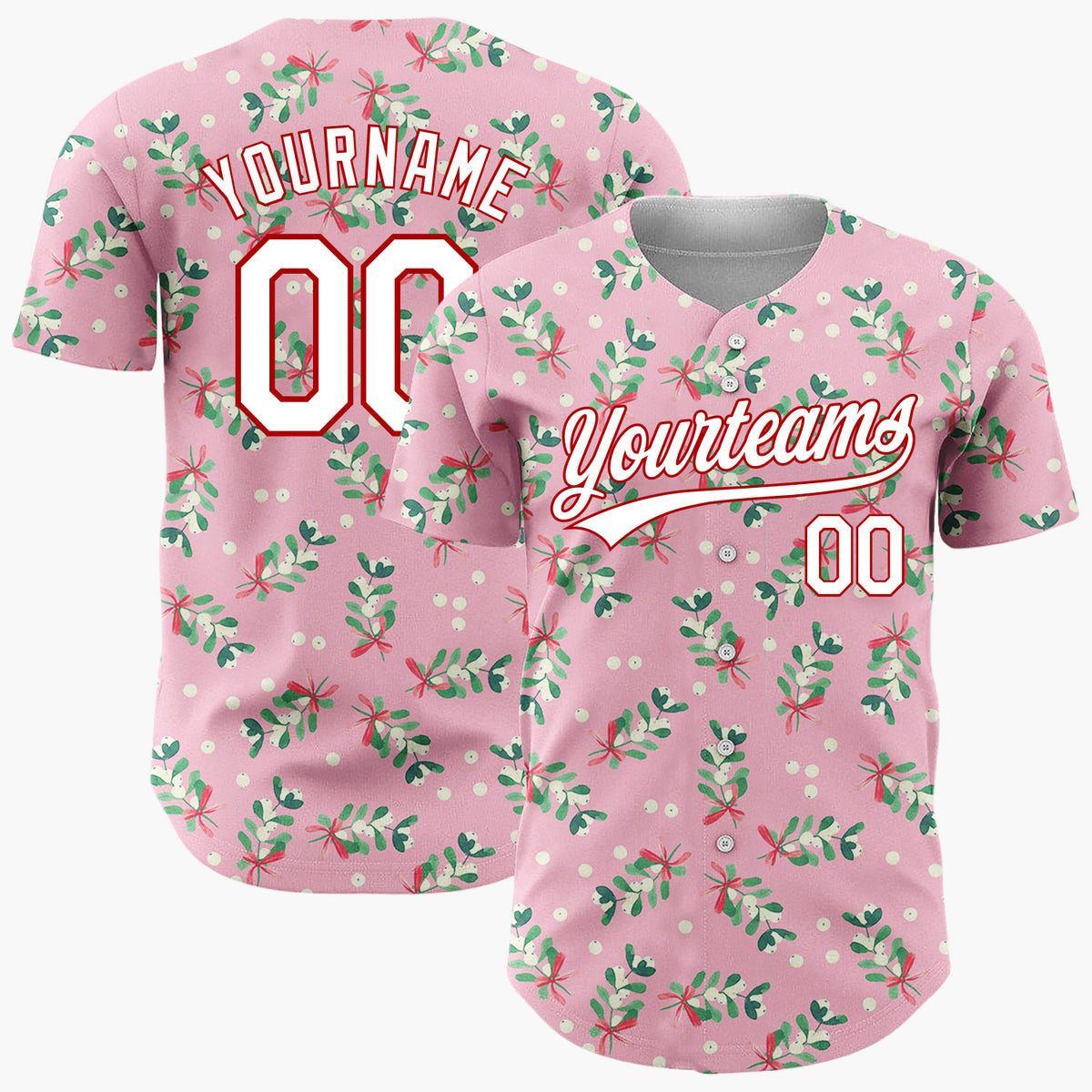 Custom Pink Mistletoe Sprigs Red Bows Whimsical Christmas Baseball Jersey