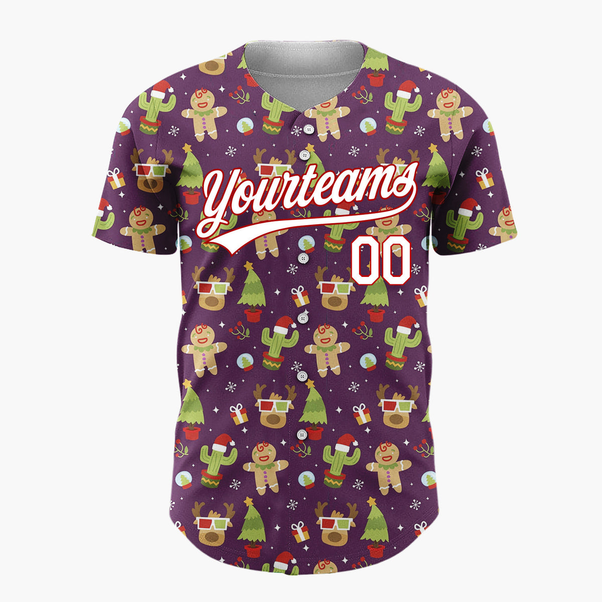 Custom Purple Green Gingerbread Man Cactus Christmas Baseball Jersey