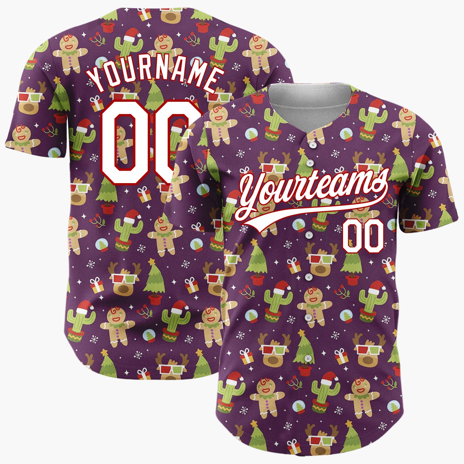 Custom Purple Green Gingerbread Man Cactus Christmas Baseball Jersey