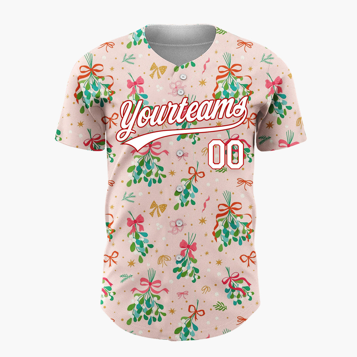 Custom Pink Mistletoe Bundles Gold Accents Festive Illustration Christmas Baseball Jersey