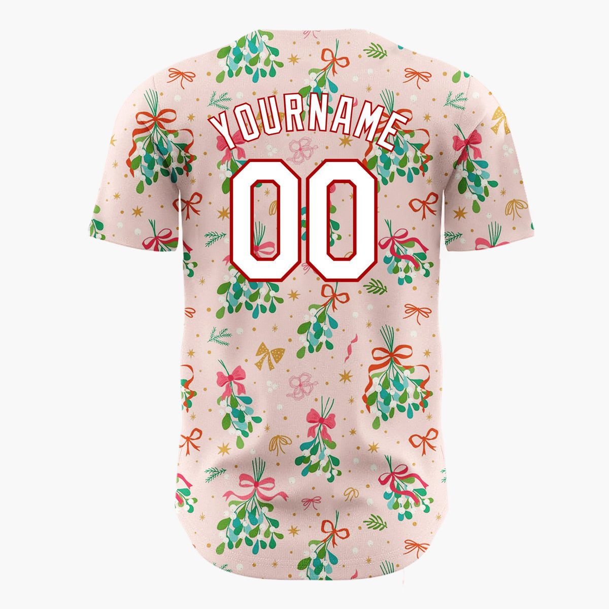 Custom Pink Mistletoe Bundles Gold Accents Festive Illustration Christmas Baseball Jersey
