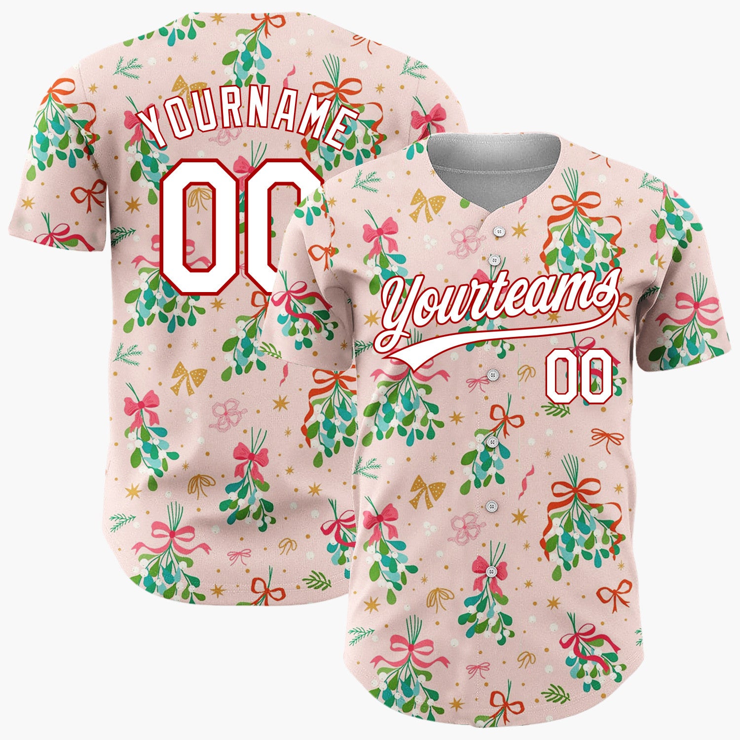Custom Pink Mistletoe Bundles Gold Accents Festive Illustration Christmas Baseball Jersey