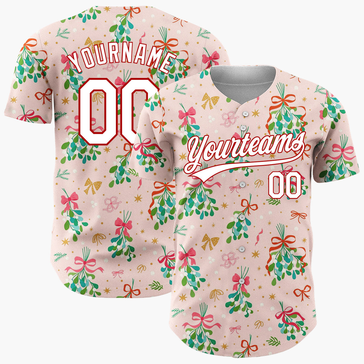 Custom Pink Mistletoe Bundles Gold Accents Festive Illustration Christmas Baseball Jersey