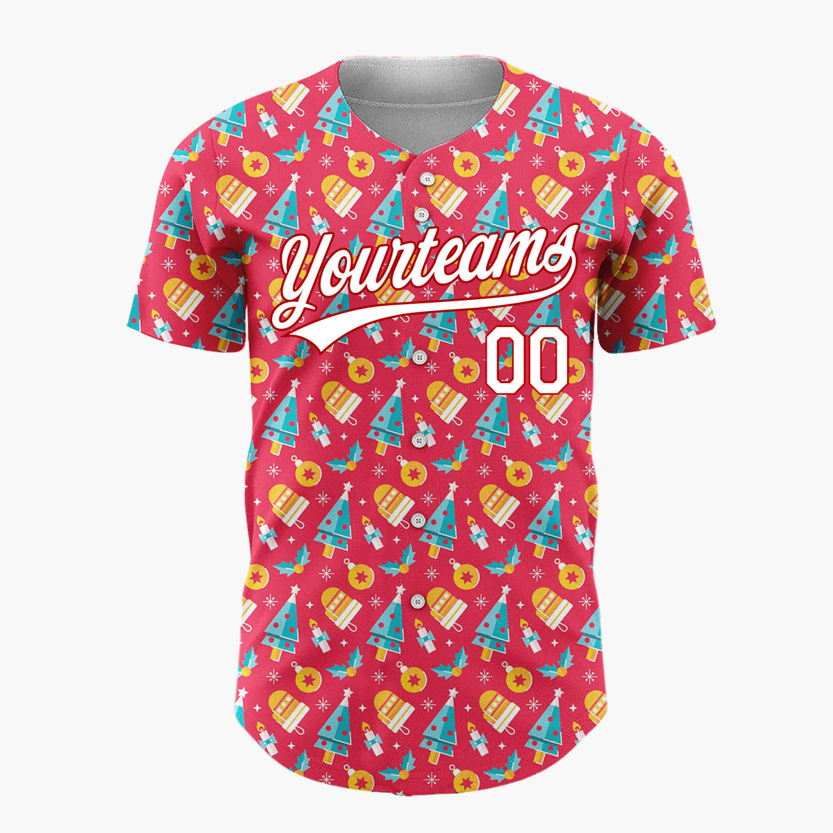 Custom Red Blue Yellow Trees Gifts And Stars Cute Christmas Baseball Jersey