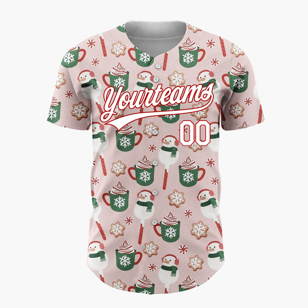 Custom Pink Green Snowmen Hot Chocolate And Cookies Festive Holiday Pattern Christmas Baseball Jersey