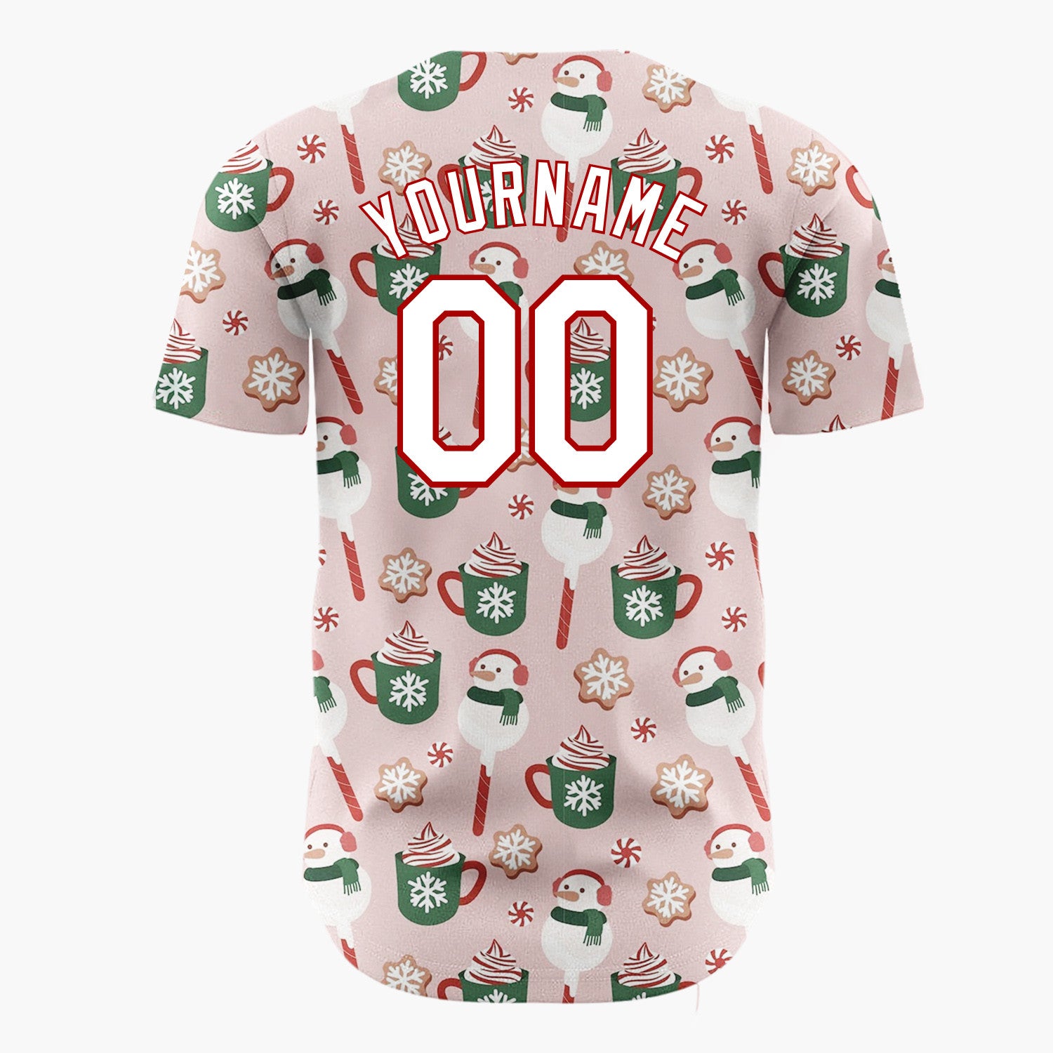 Custom Pink Green Snowmen Hot Chocolate And Cookies Festive Holiday Pattern Christmas Baseball Jersey