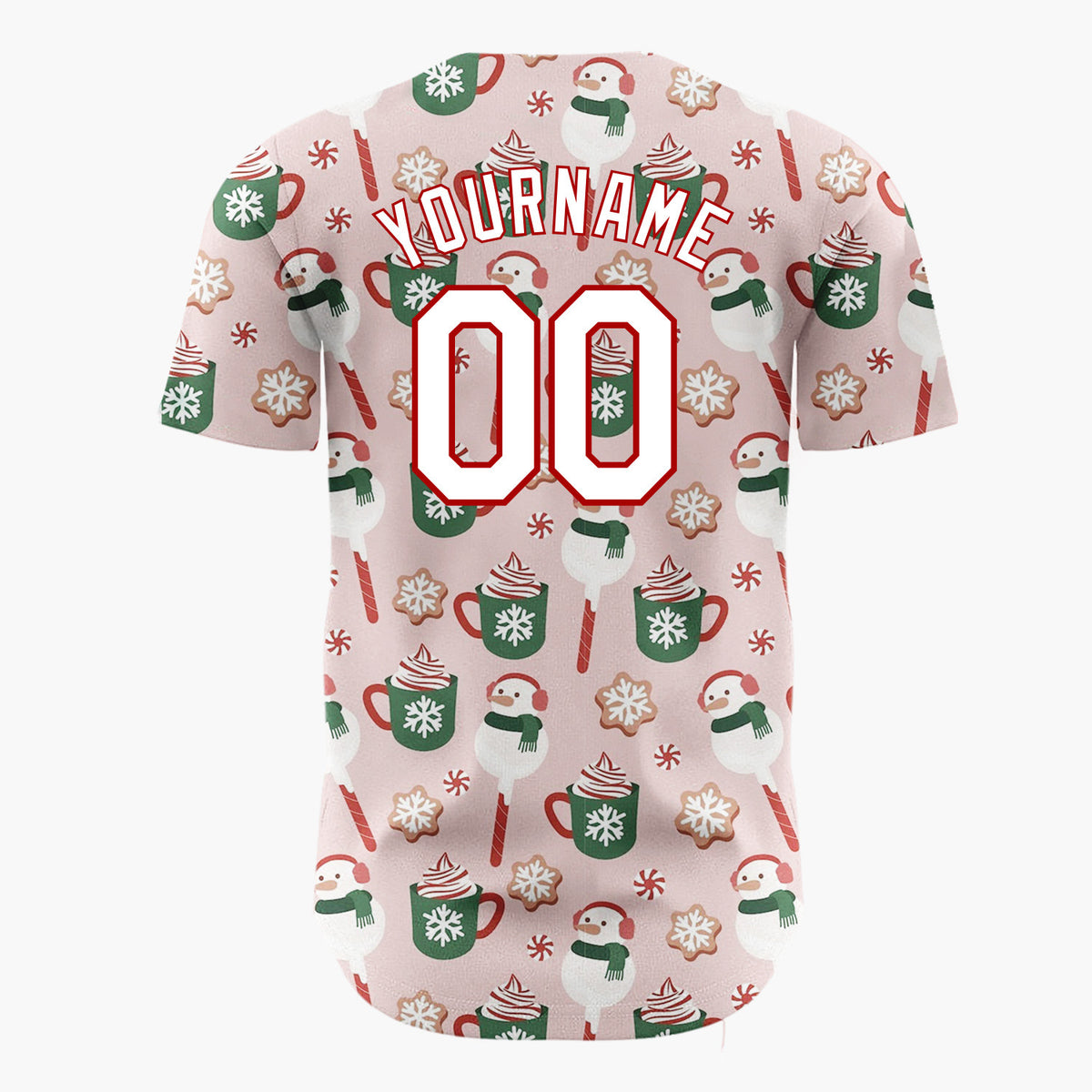 Custom Pink Green Snowmen Hot Chocolate And Cookies Festive Holiday Pattern Christmas Baseball Jersey