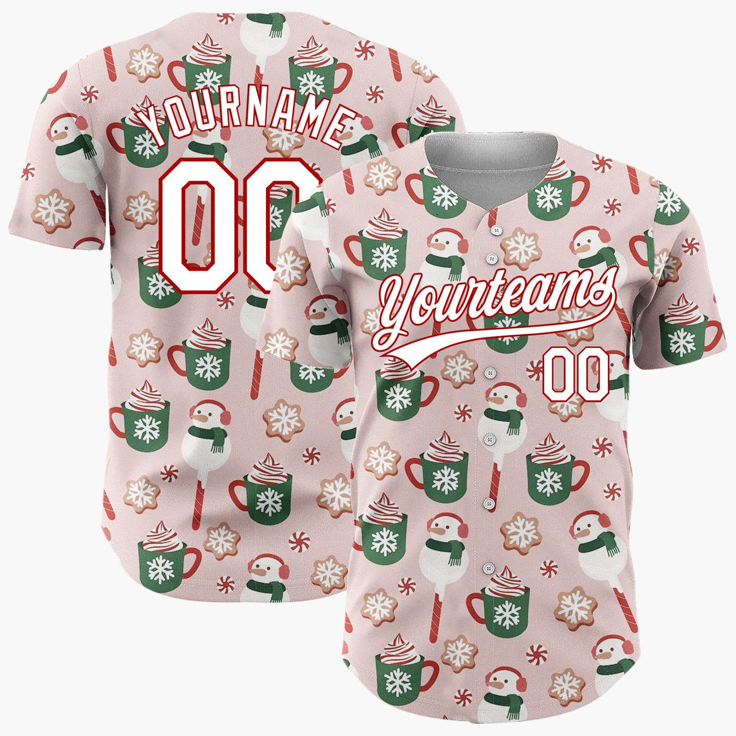 Custom Pink Green Snowmen Hot Chocolate And Cookies Festive Holiday Pattern Christmas Baseball Jersey