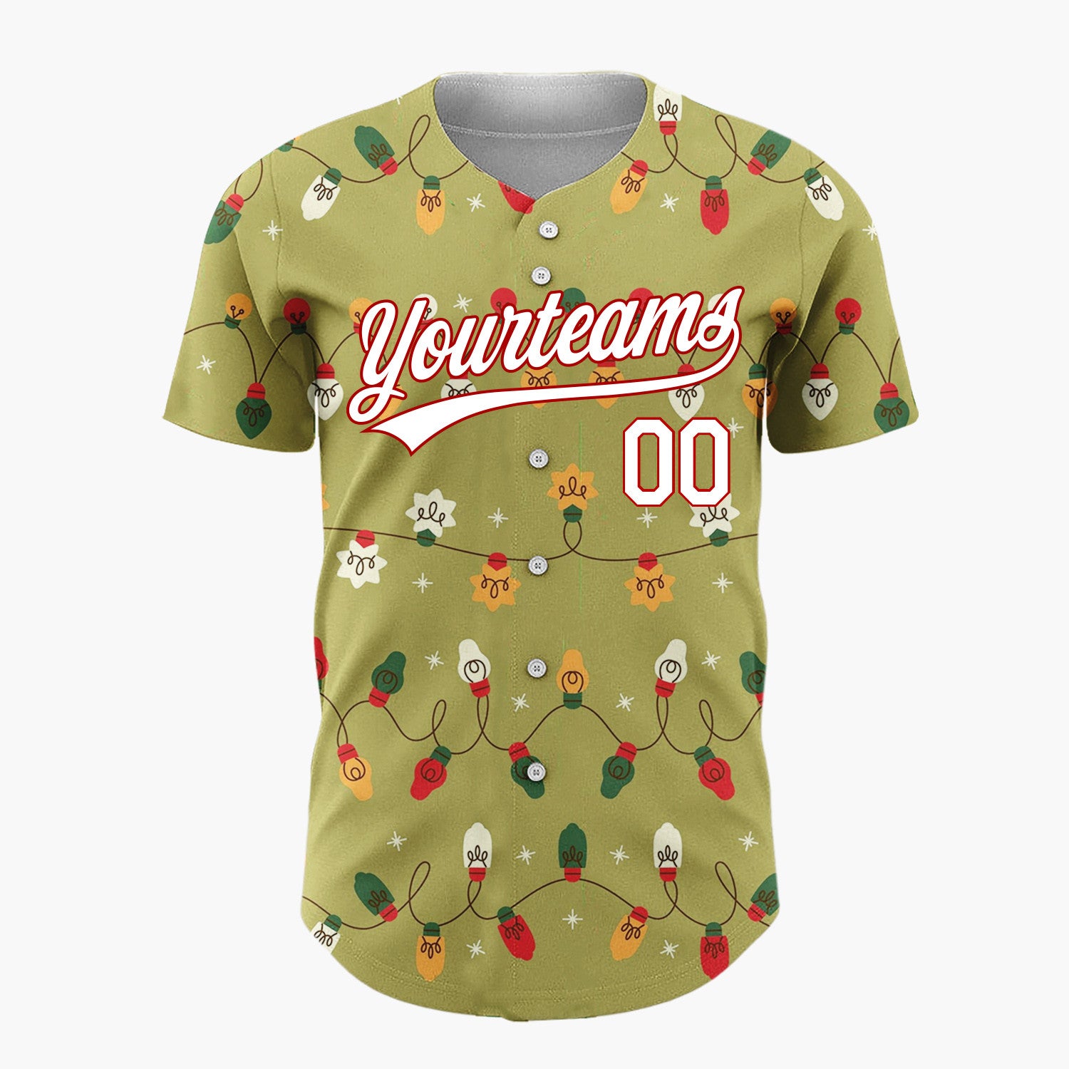Custom Olive Green Retro Christmas Lights Wavy Pattern Christmas Baseball Jersey