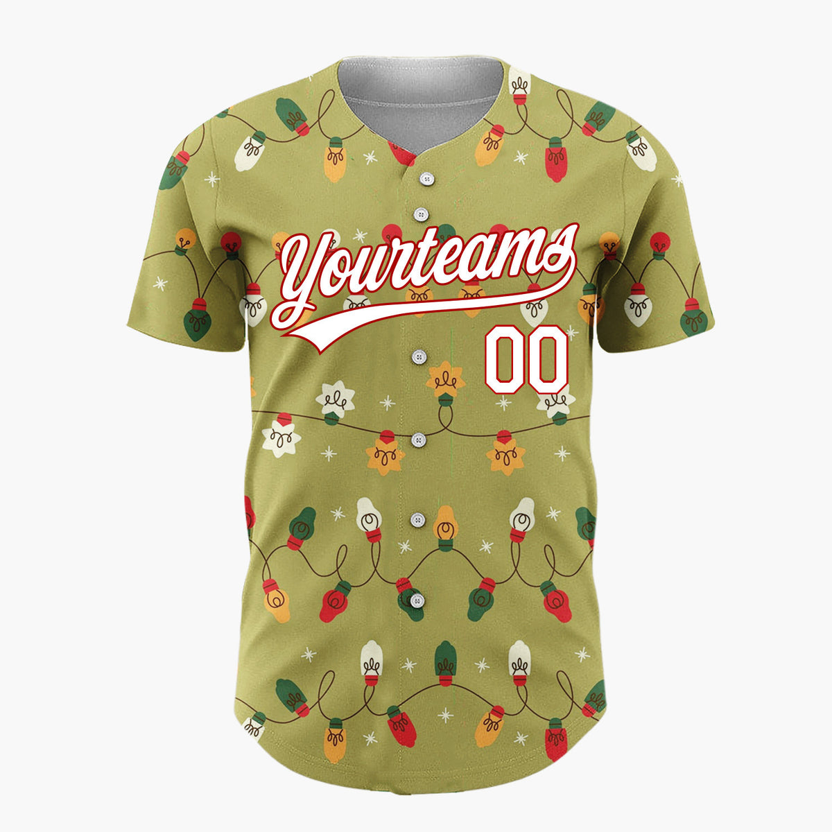 Custom Olive Green Retro Christmas Lights Wavy Pattern Christmas Baseball Jersey