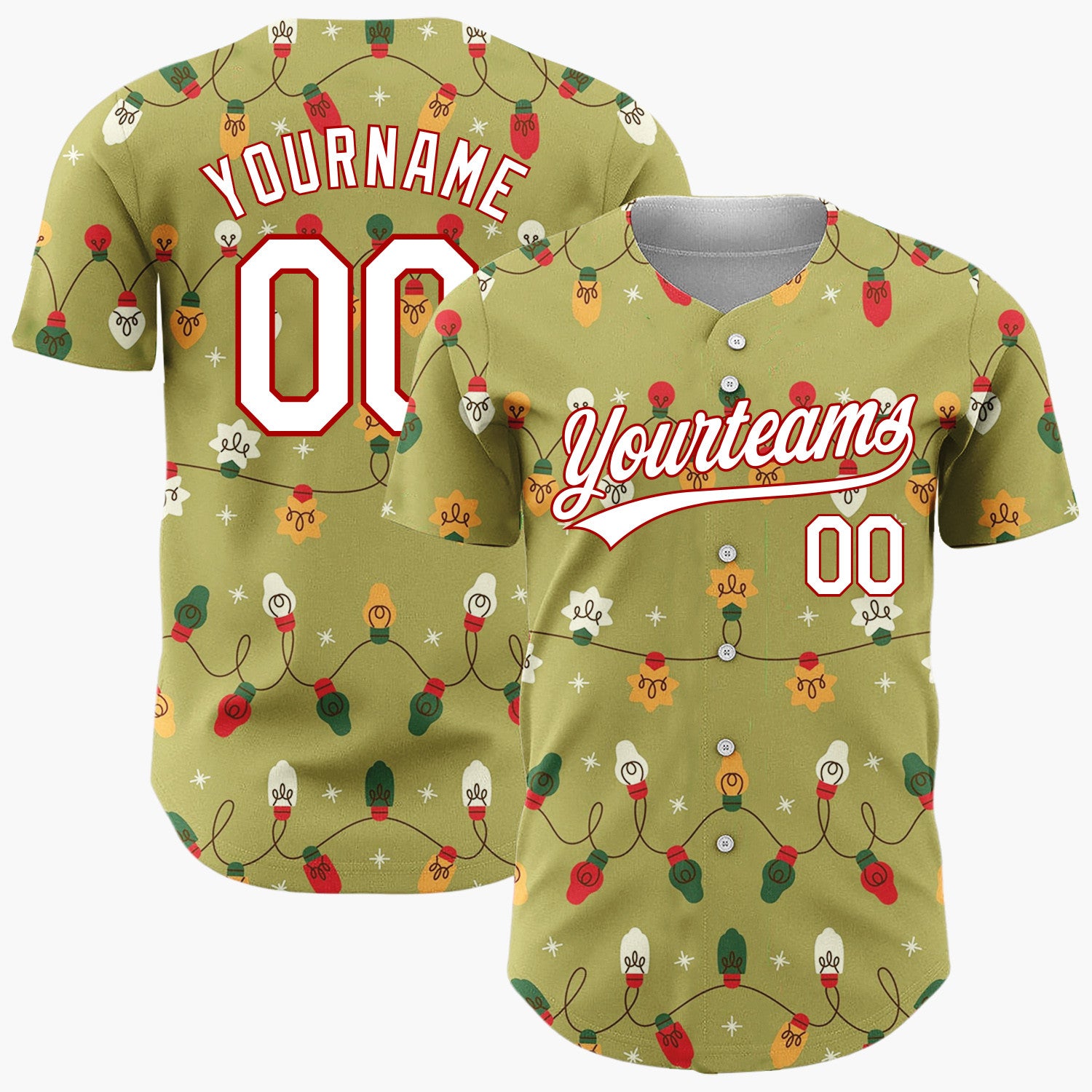 Custom Olive Green Retro Christmas Lights Wavy Pattern Christmas Baseball Jersey