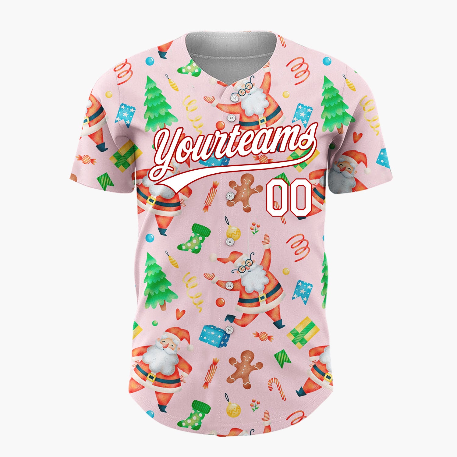 Custom Pink Santa Gingerbread And Tree Watercolor Cartoon Pattern Christmas Baseball Jersey