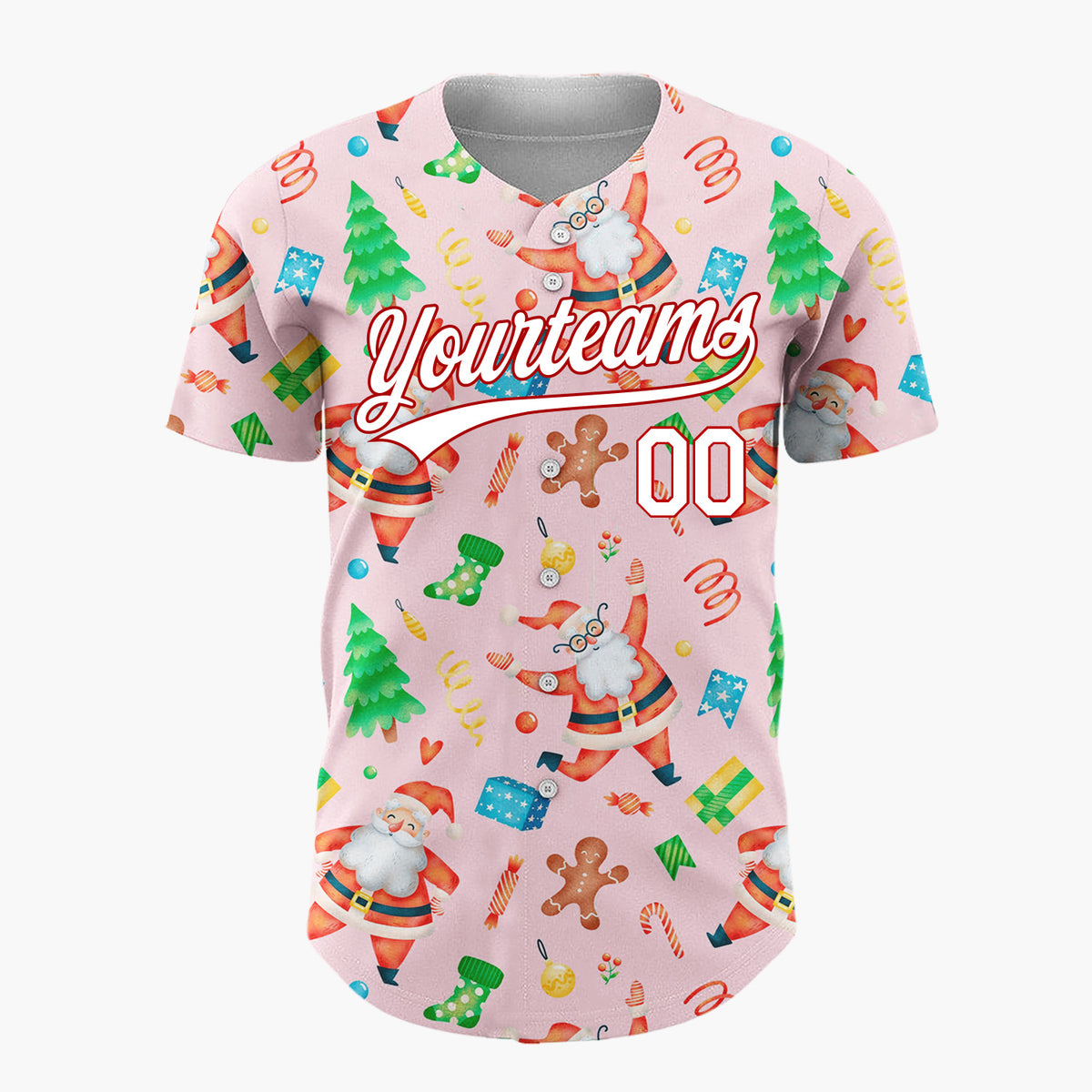 Custom Pink Santa Gingerbread And Tree Watercolor Cartoon Pattern Christmas Baseball Jersey