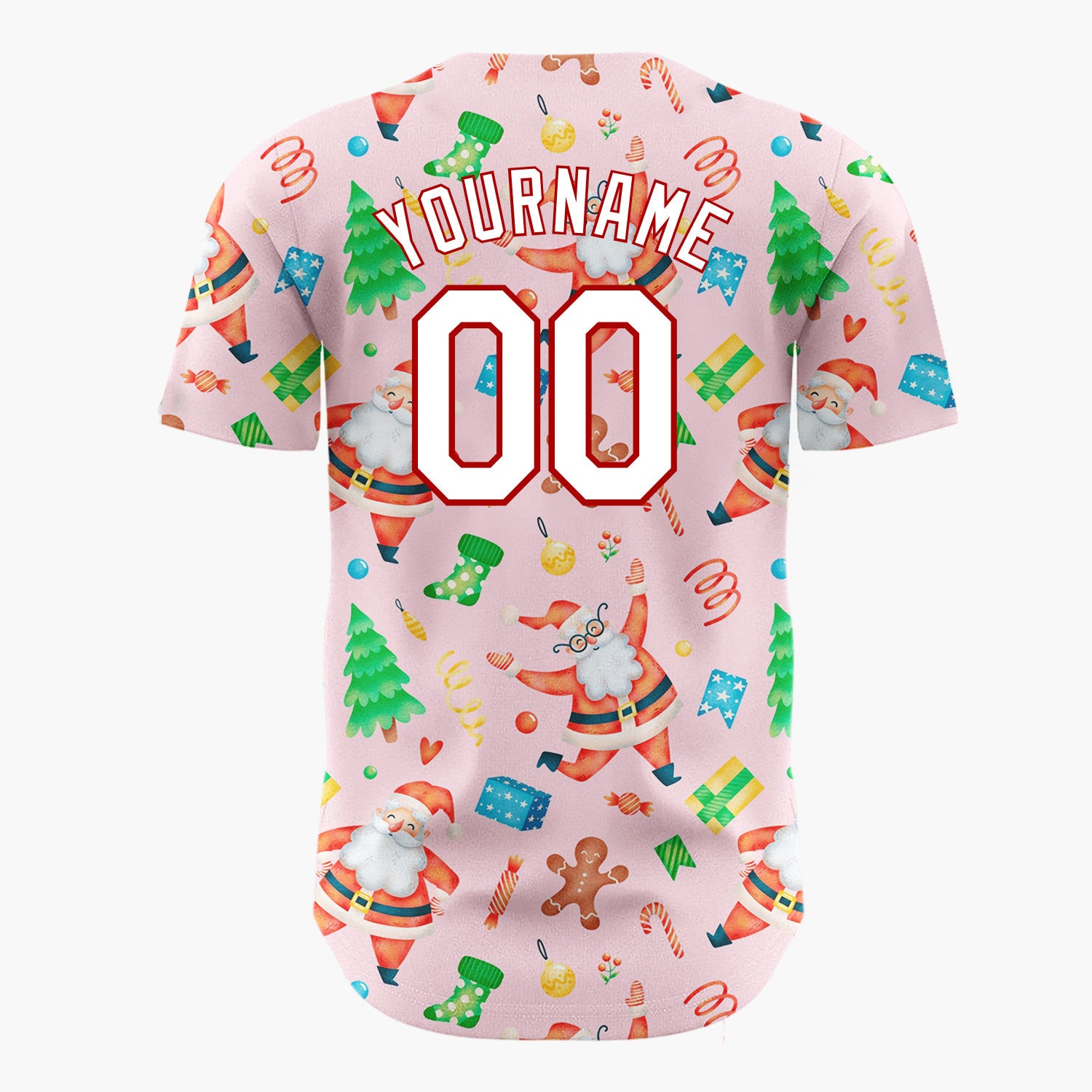 Custom Pink Santa Gingerbread And Tree Watercolor Cartoon Pattern Christmas Baseball Jersey