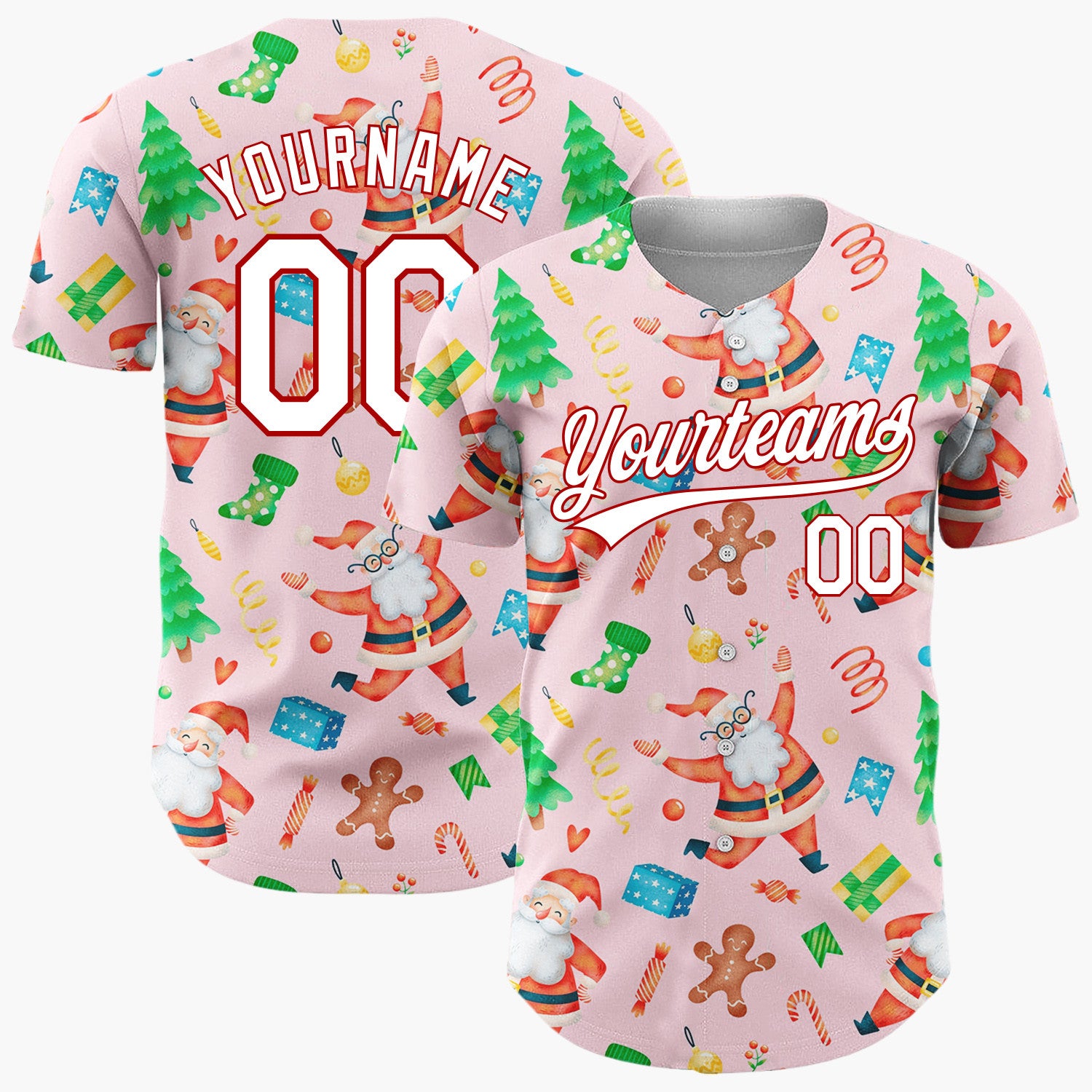 Custom Pink Santa Gingerbread And Tree Watercolor Cartoon Pattern Christmas Baseball Jersey