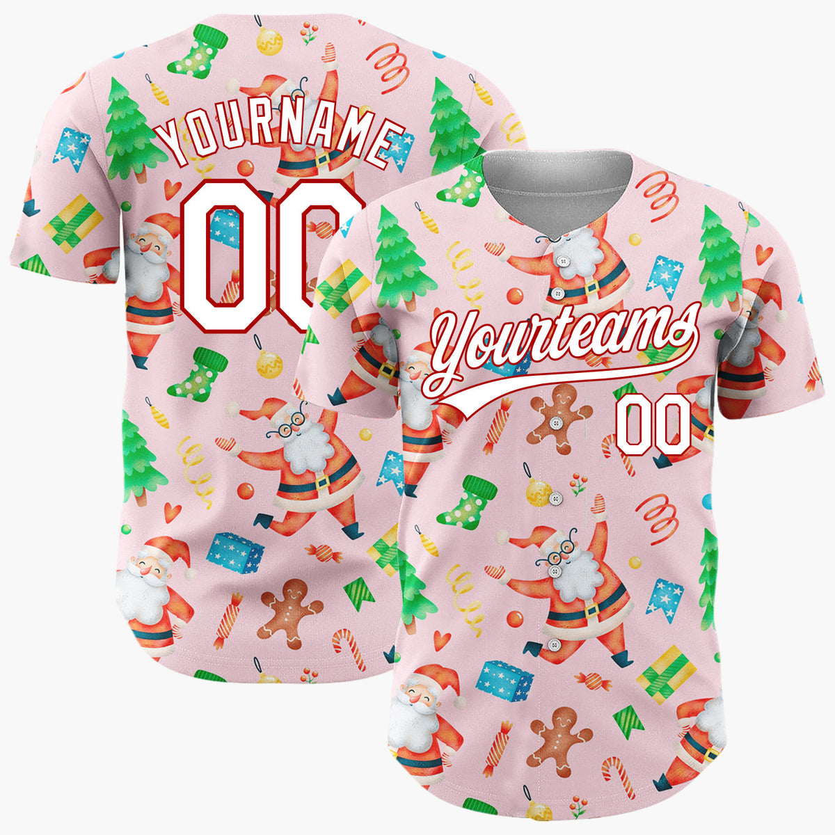 Custom Pink Santa Gingerbread And Tree Watercolor Cartoon Pattern Christmas Baseball Jersey