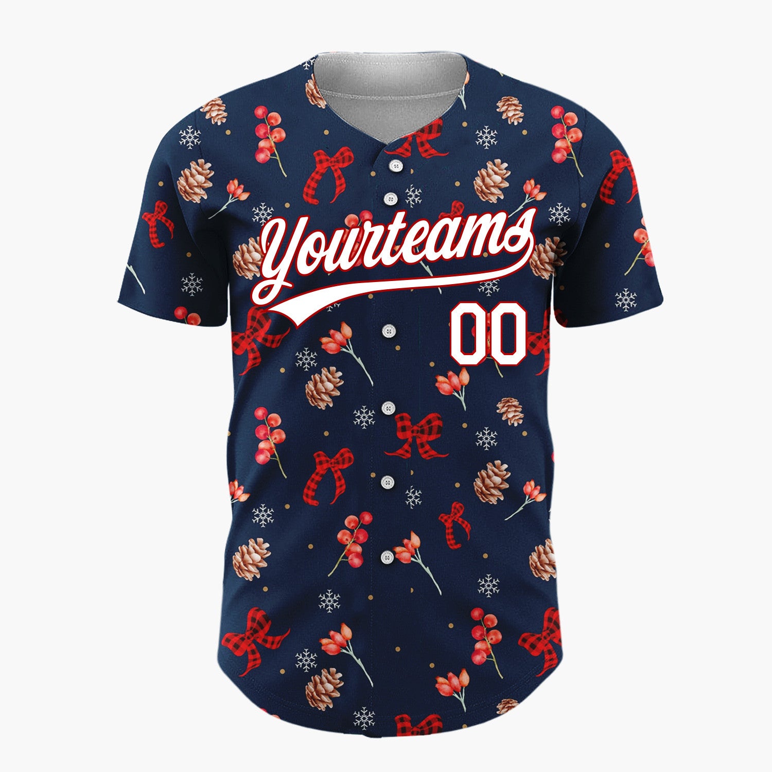 Custom Navy Red Berries Pinecones And Bows Christmas Botanical Pattern Christmas Baseball Jersey