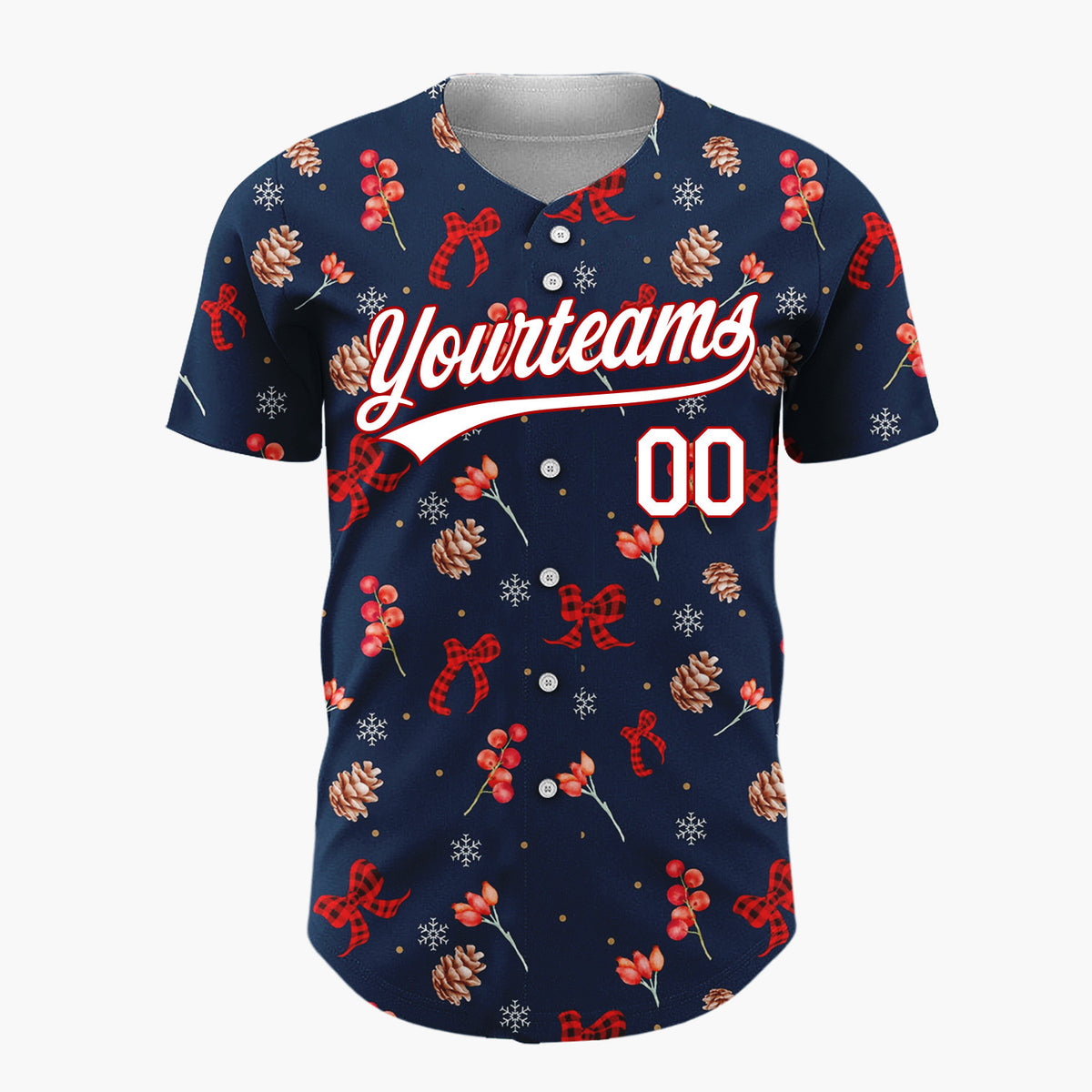 Custom Navy Red Berries Pinecones And Bows Christmas Botanical Pattern Christmas Baseball Jersey