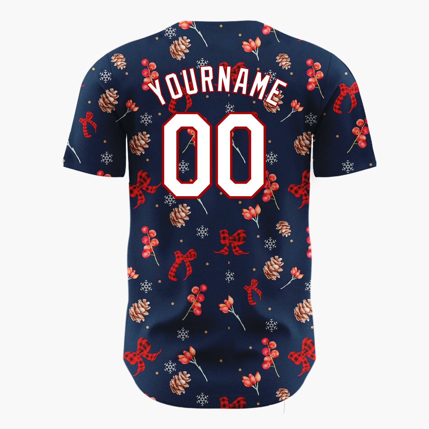 Custom Navy Red Berries Pinecones And Bows Christmas Botanical Pattern Christmas Baseball Jersey